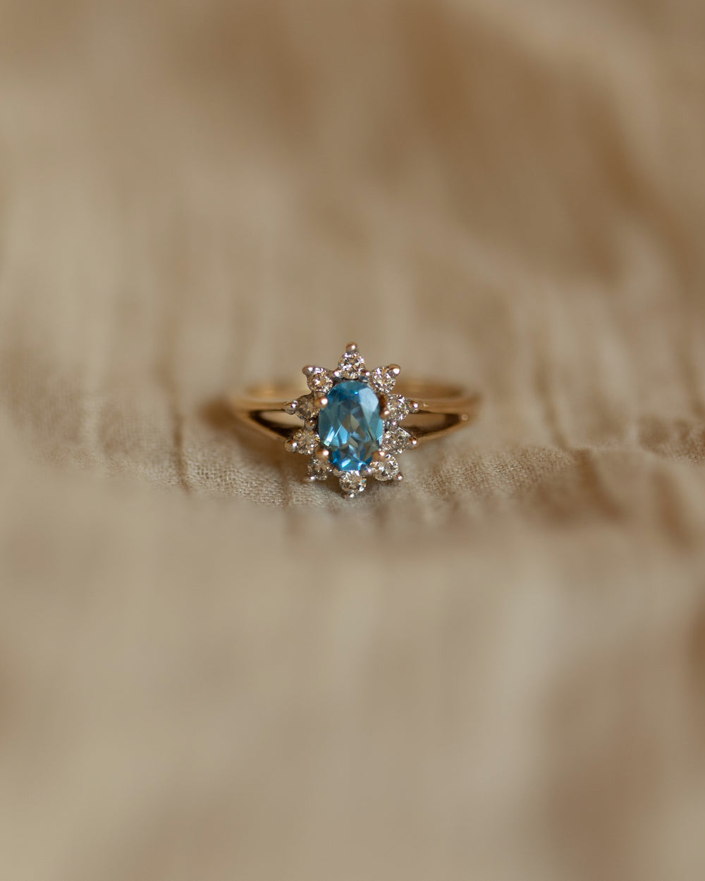 Portia 1991 Vintage 9ct Gold Blue Topaz & Diamond Cluster Ring