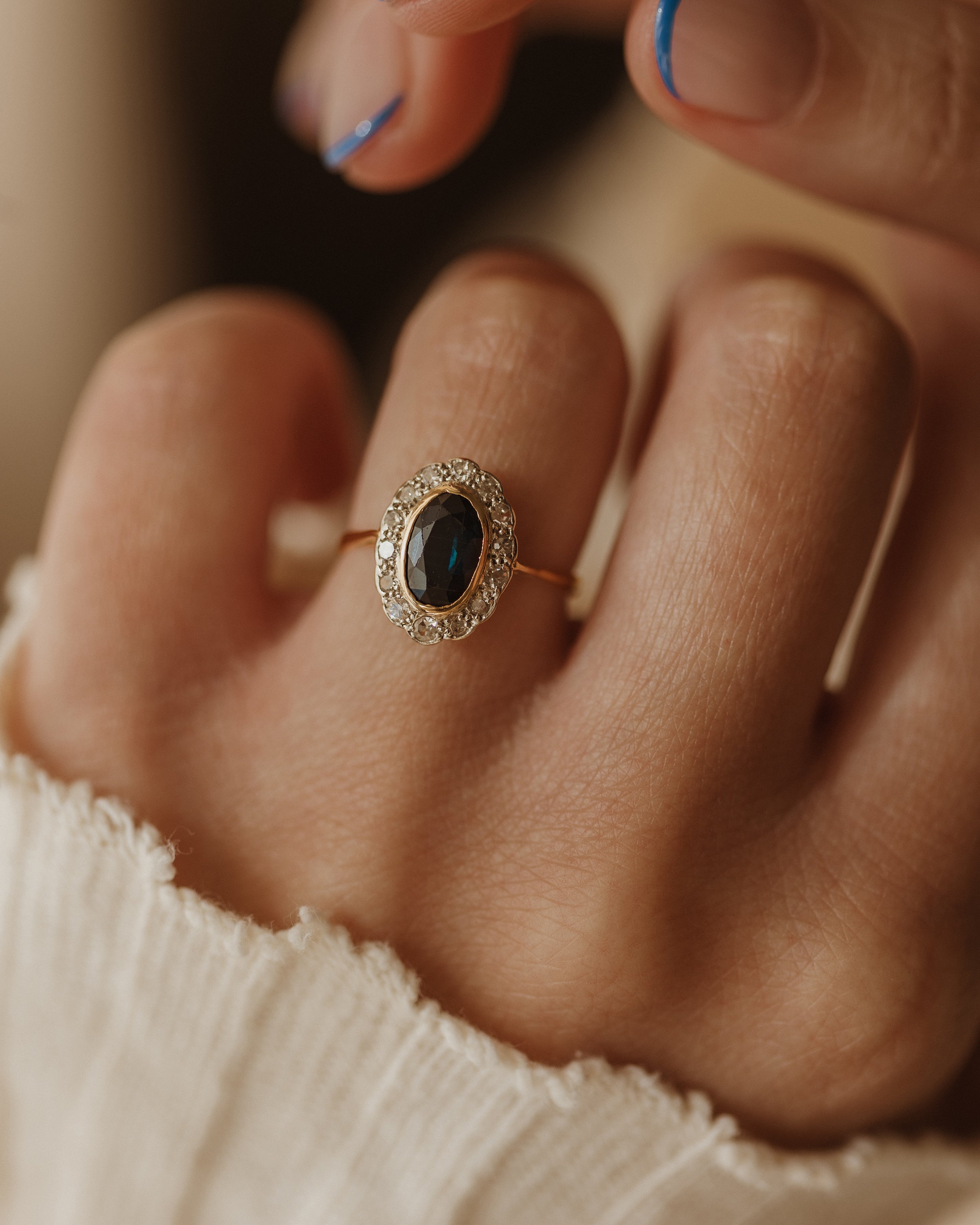 Image of Elfrida Antique 18ct Gold Sapphire & Diamond Cluster Ring
