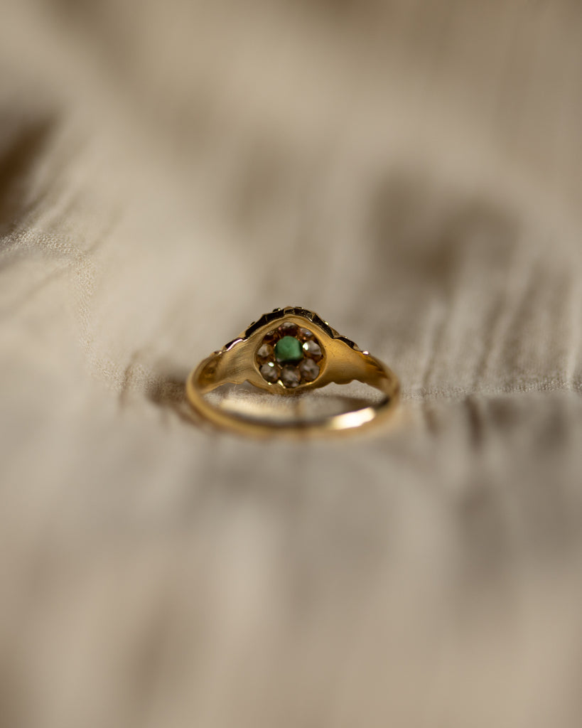 Odette Antique 18ct Gold Emerald & Diamond Cluster Ring