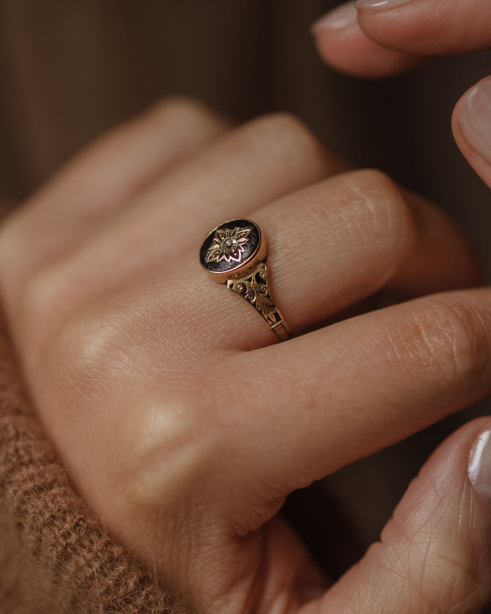Petra 1880 Victorian Antique 15ct Gold Black Enamel & Diamond Ring