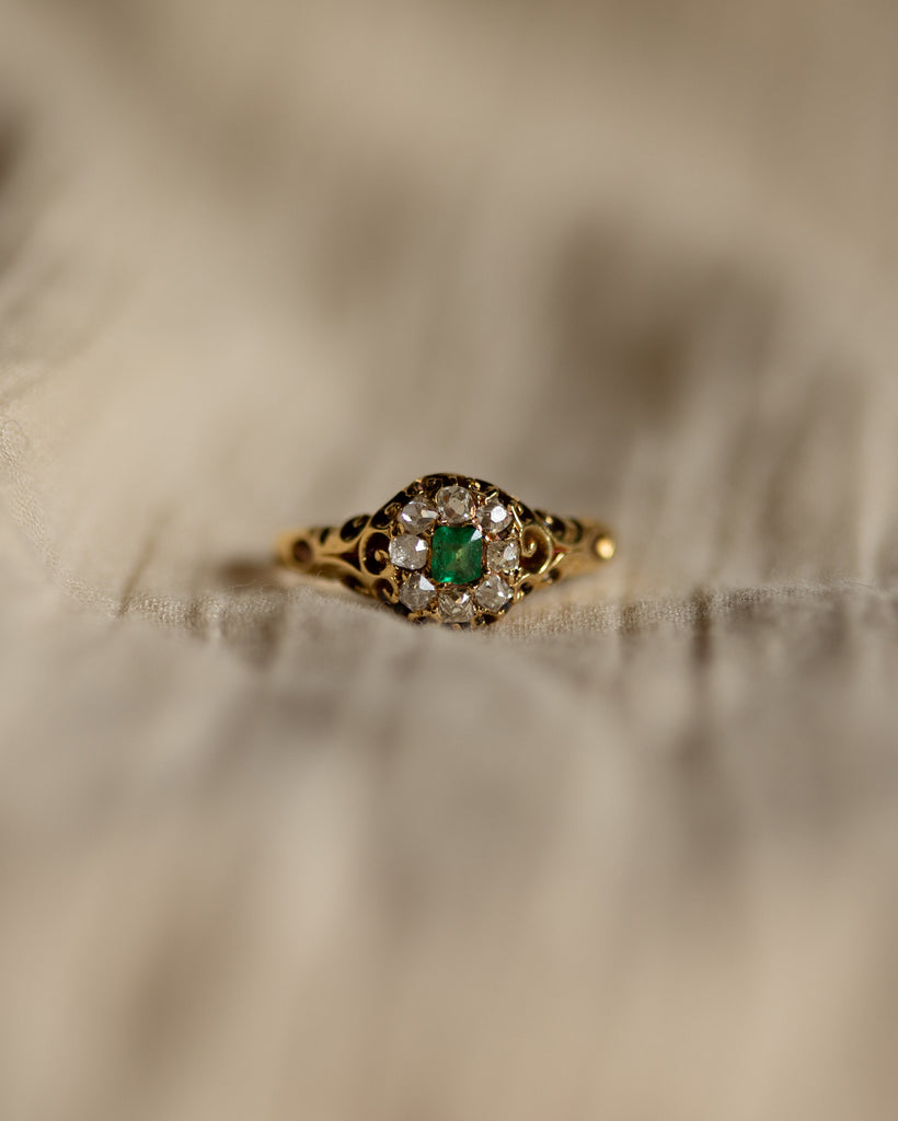 Odette Antique 18ct Gold Emerald & Diamond Cluster Ring