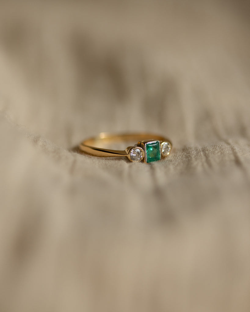 Marjorie Vintage 18ct Gold Emerald & Diamond Trilogy Ring