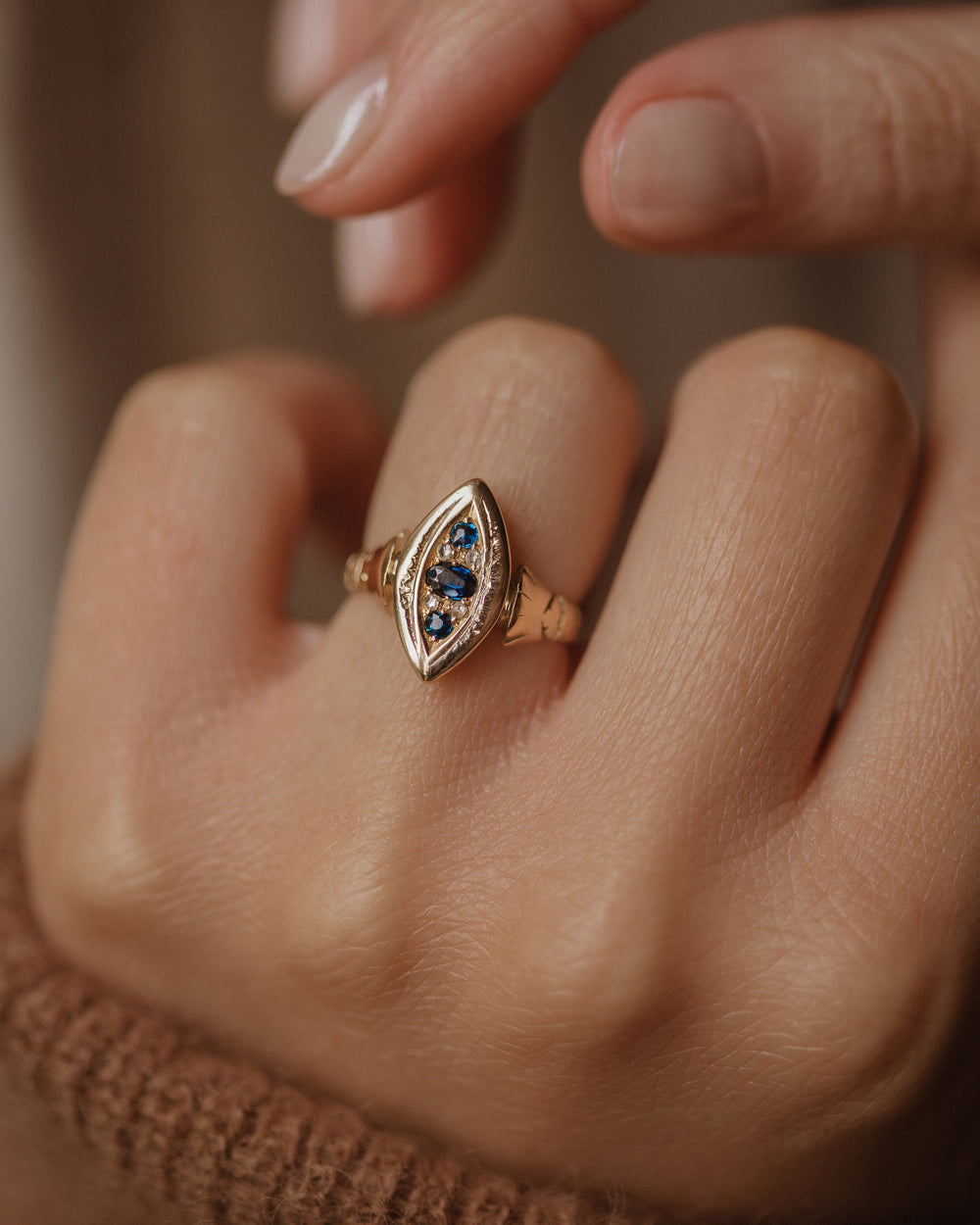 Carmen Antique Victorian 18ct Gold Sapphire & Diamond Marquise Ring