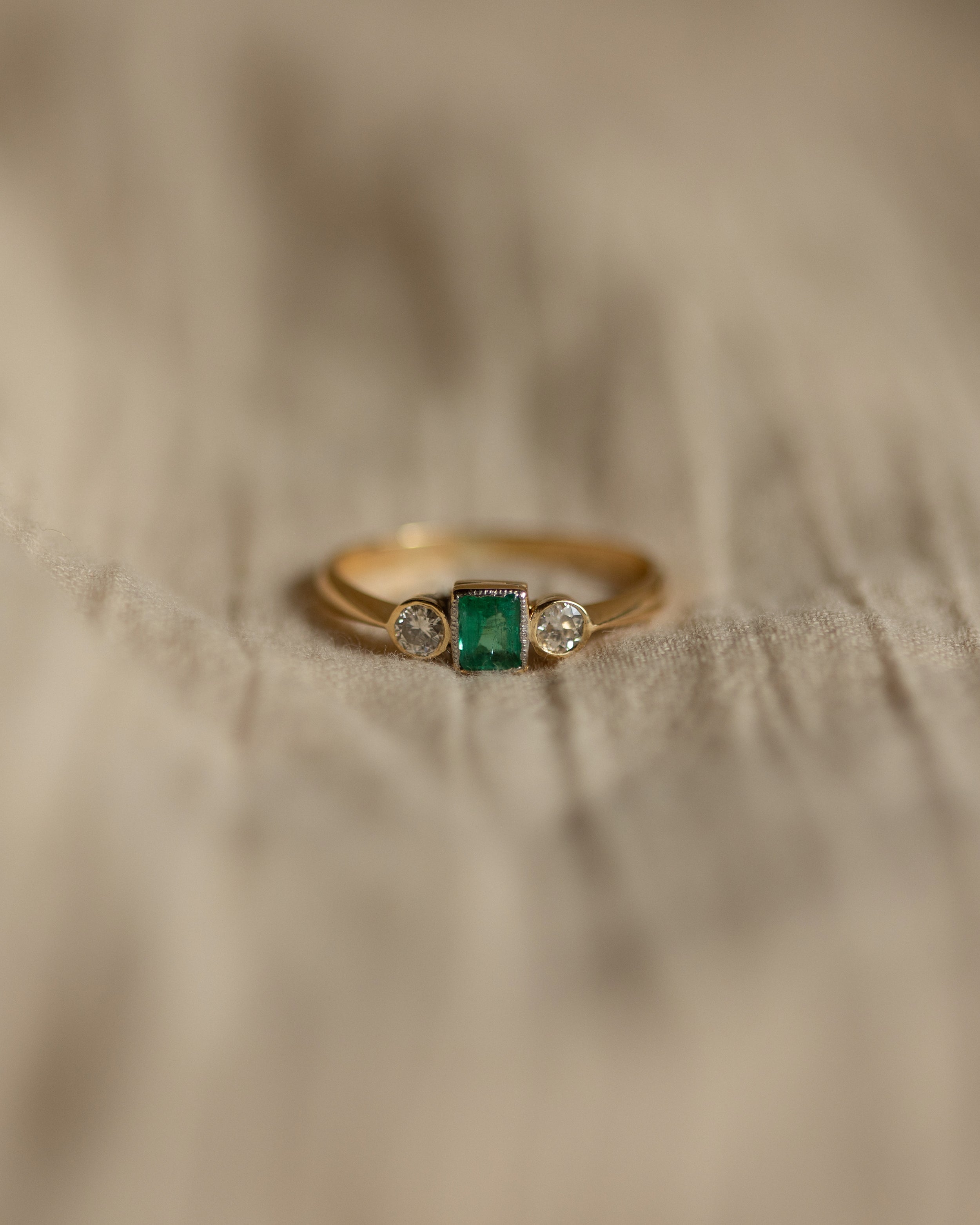 Marjorie Vintage 18ct Gold Emerald & Diamond Trilogy Ring