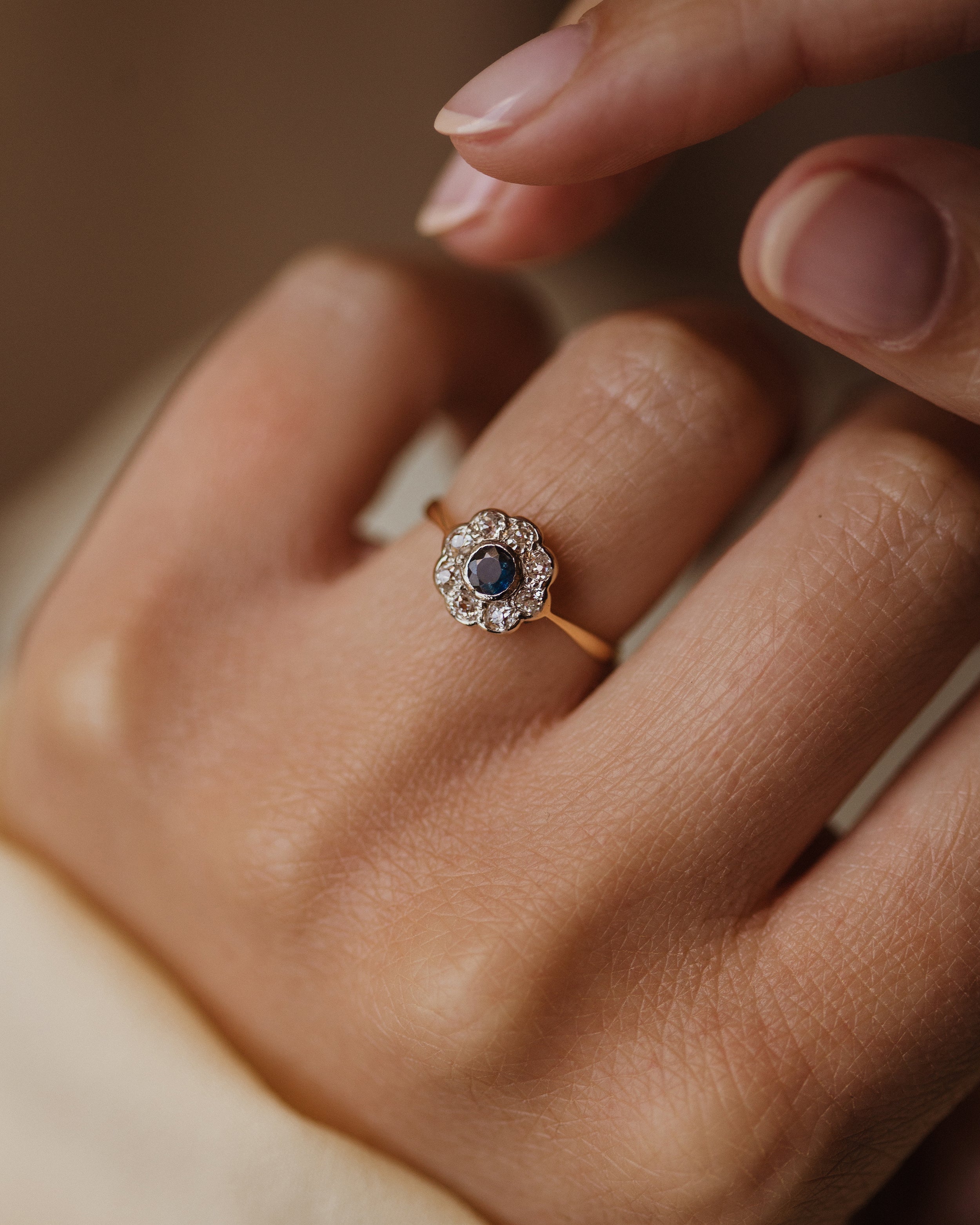 Image of Iris Antique 18ct Gold Sapphire & Diamond Daisy Cluster Ring
