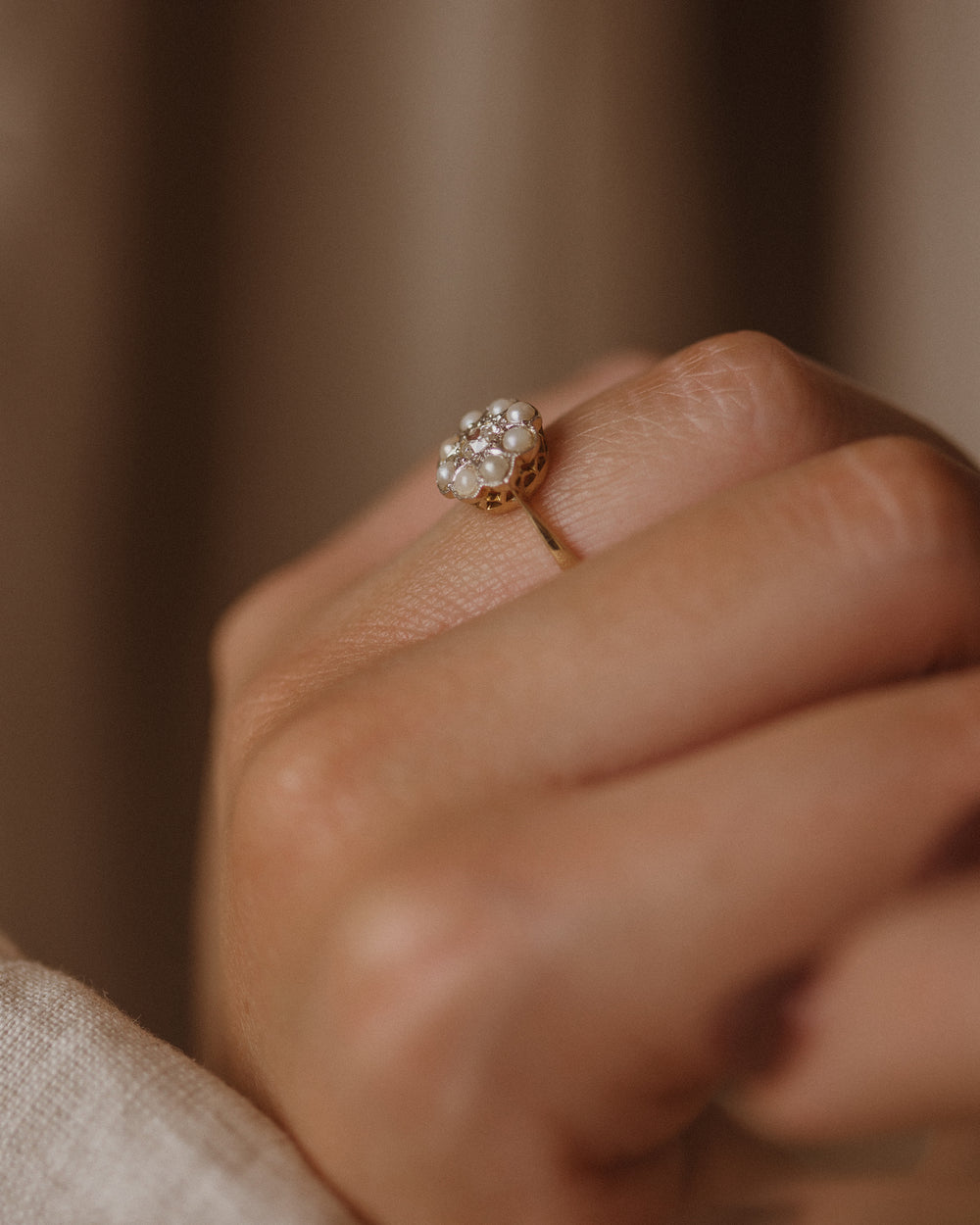 Eloisa Antique 18ct Gold Diamond & Pearl Cluster Ring