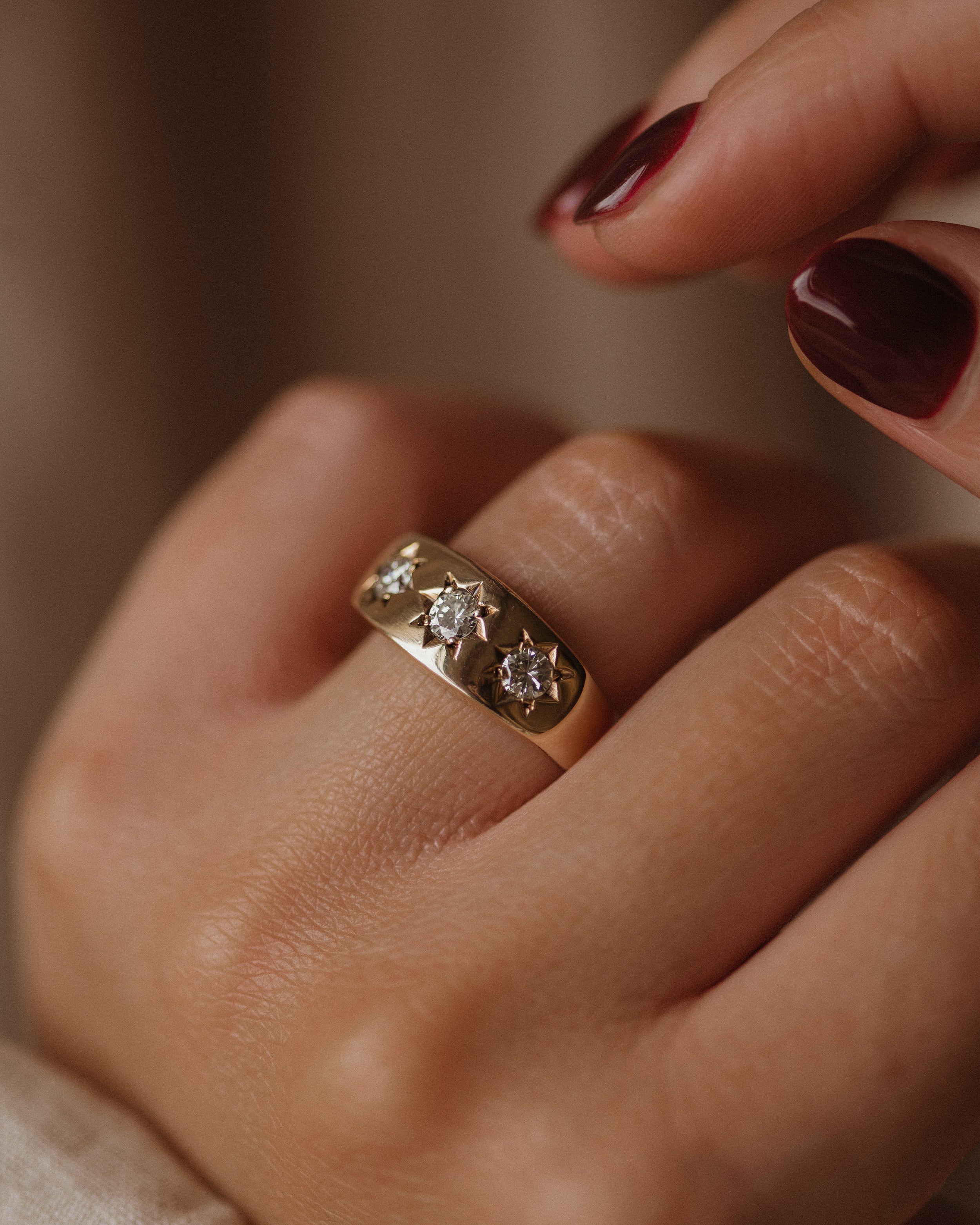 Image of Millicent 1975 Vintage 9ct Gold Star Set Diamond Trilogy Ring