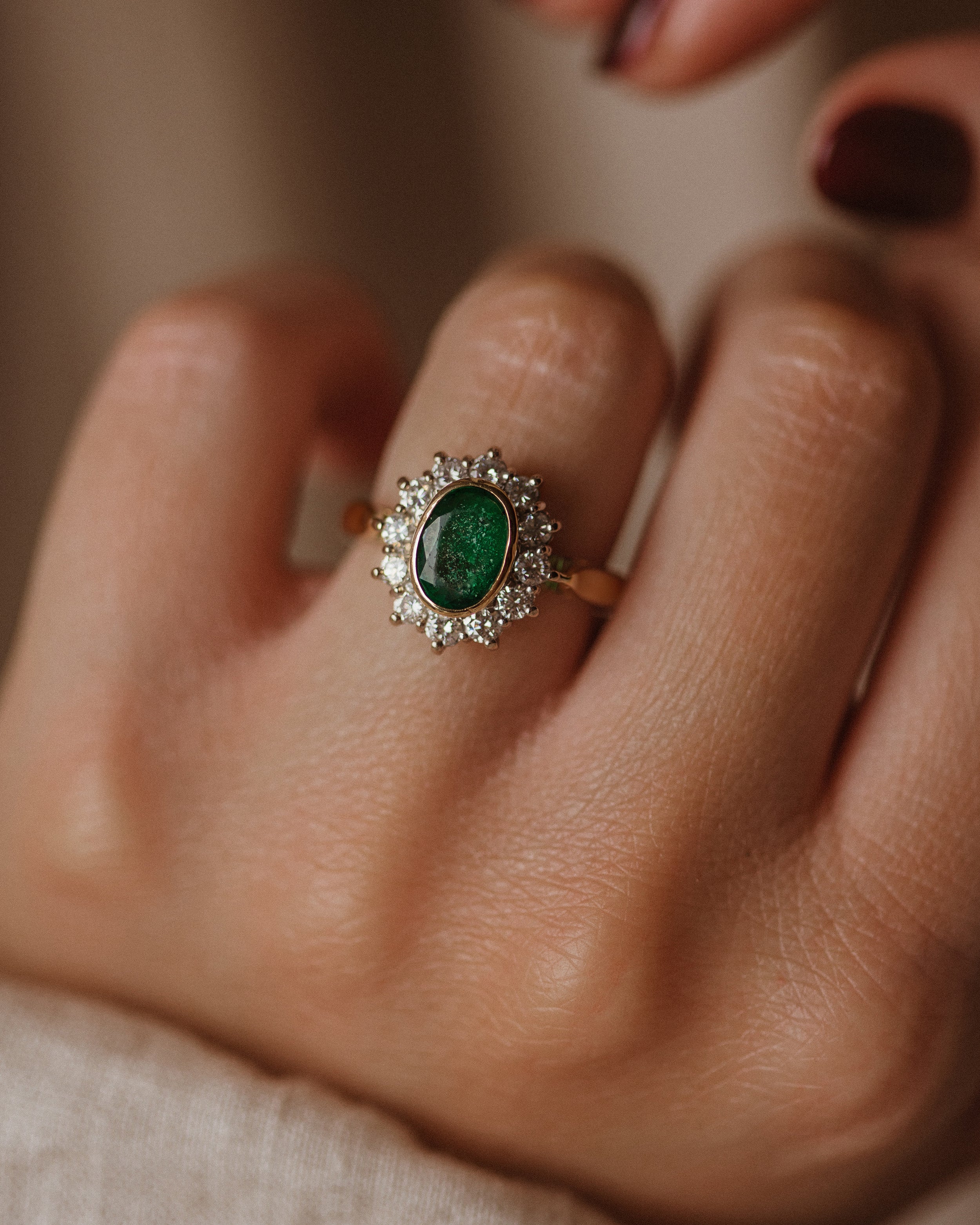 Image of Audrey Vintage 18ct Gold Emerald & Diamond Cluster Ring
