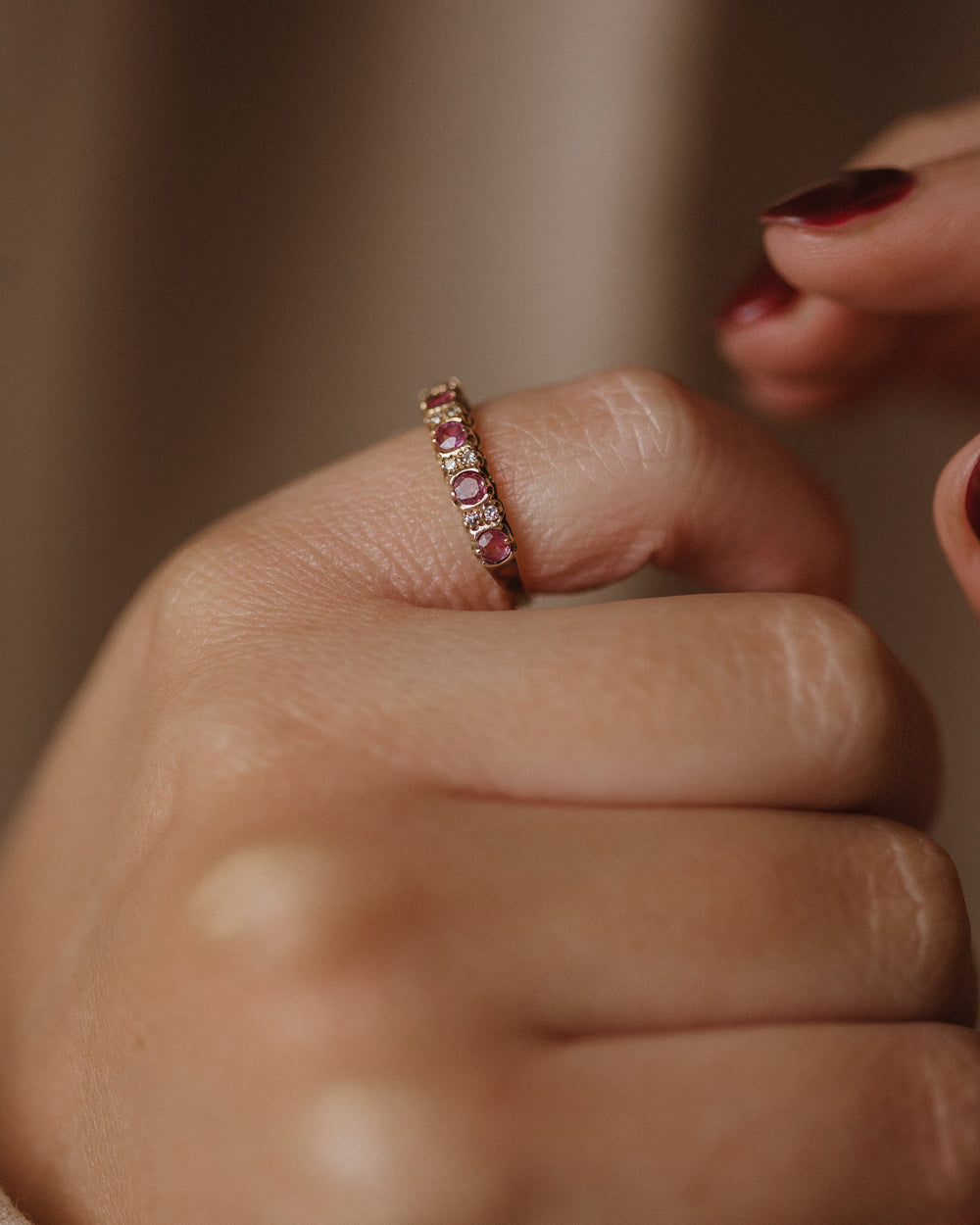 Louise 1989 Vintage 9ct Gold Ruby & Diamond Half Eternity Ring