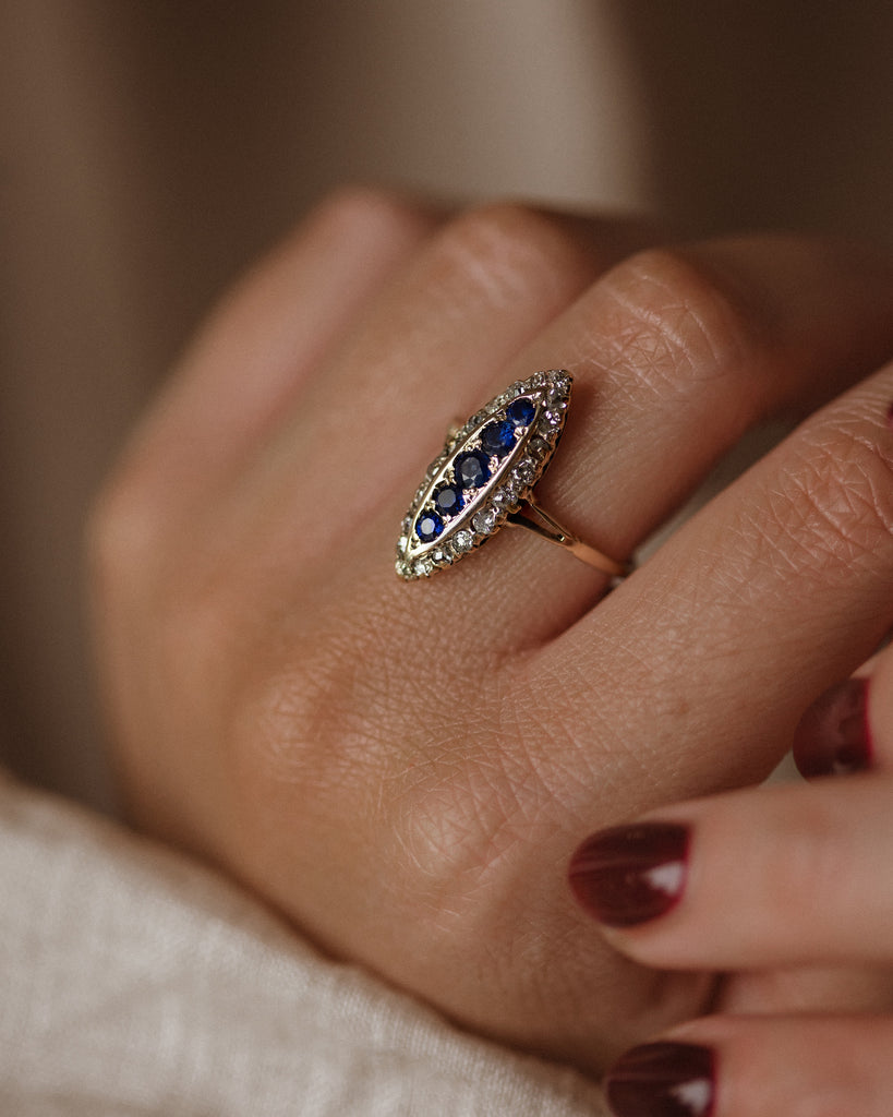 Constance Antique 18ct Gold Sapphire & Diamond Navette Ring