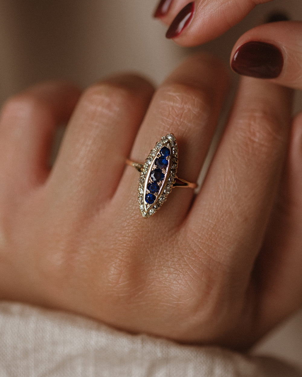Constance Antique 18ct Gold Sapphire & Diamond Navette Ring