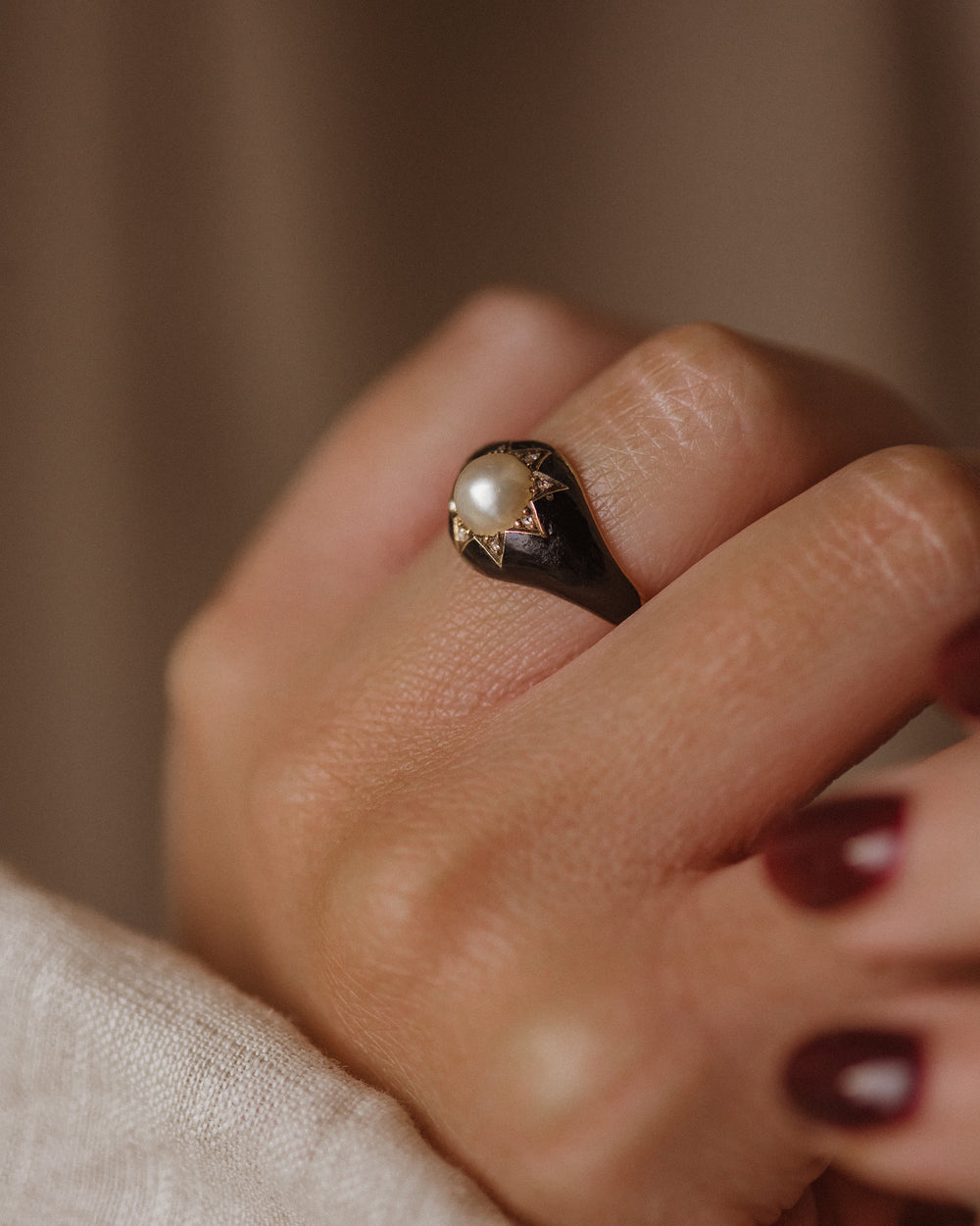 Sybil 1869 Antique 18ct Gold Pearl, Diamond & Black Enamel Mourning Ring