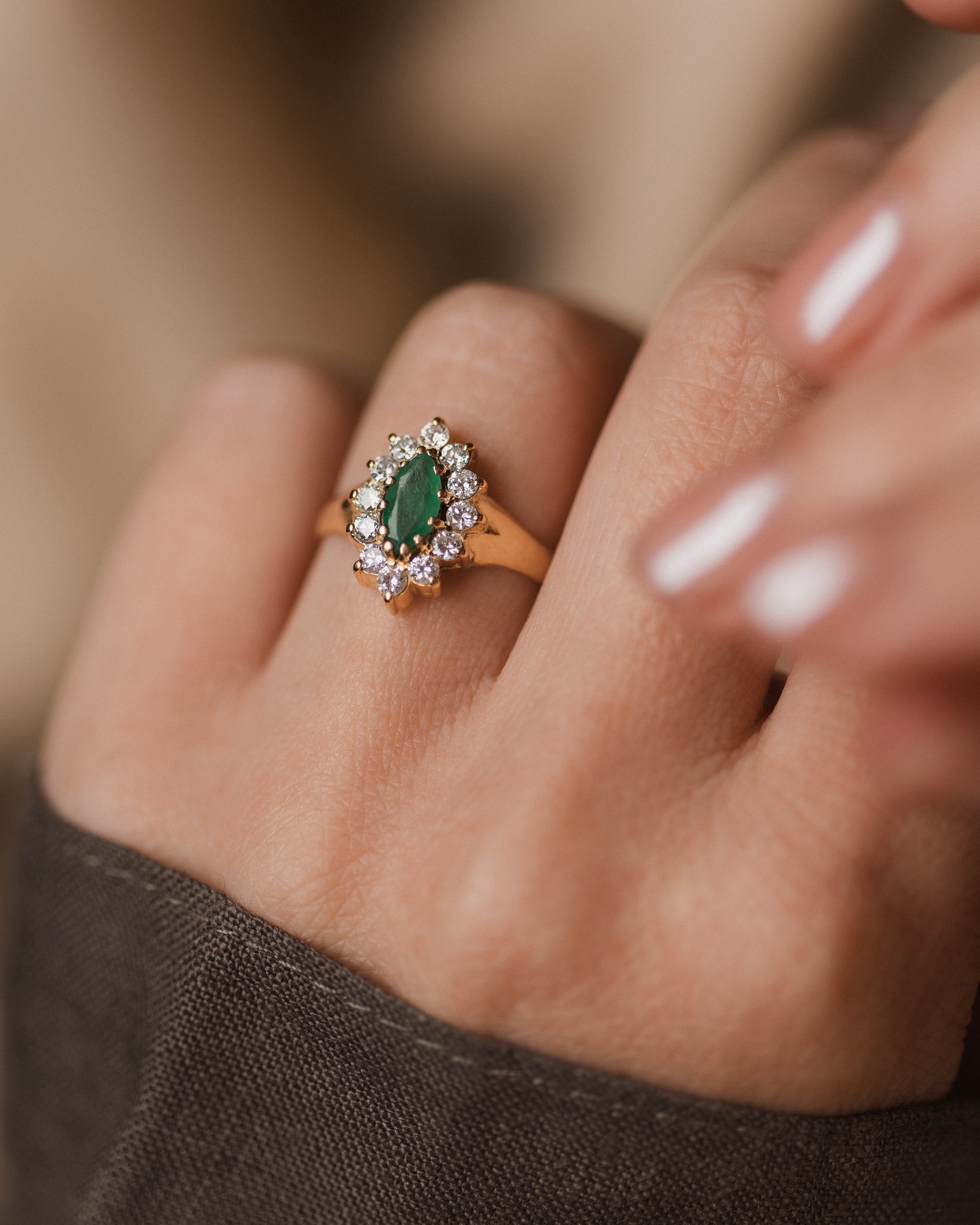 Image of Astrid 1987 Vintage 18ct Gold Emerald & Diamond Marquise Cluster Ring