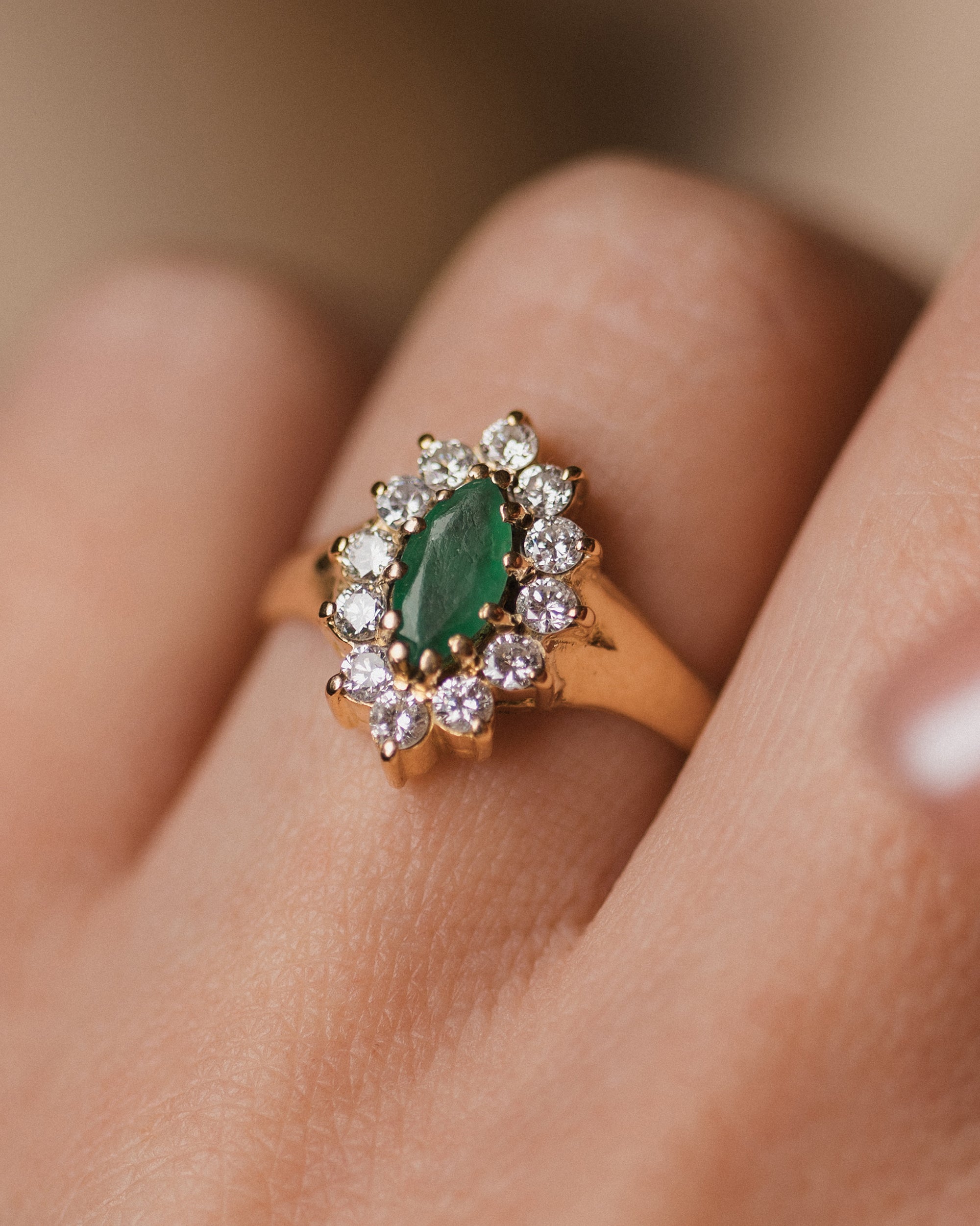 Astrid 1987 Vintage 18ct Gold Emerald & Diamond Marquise Cluster Ring