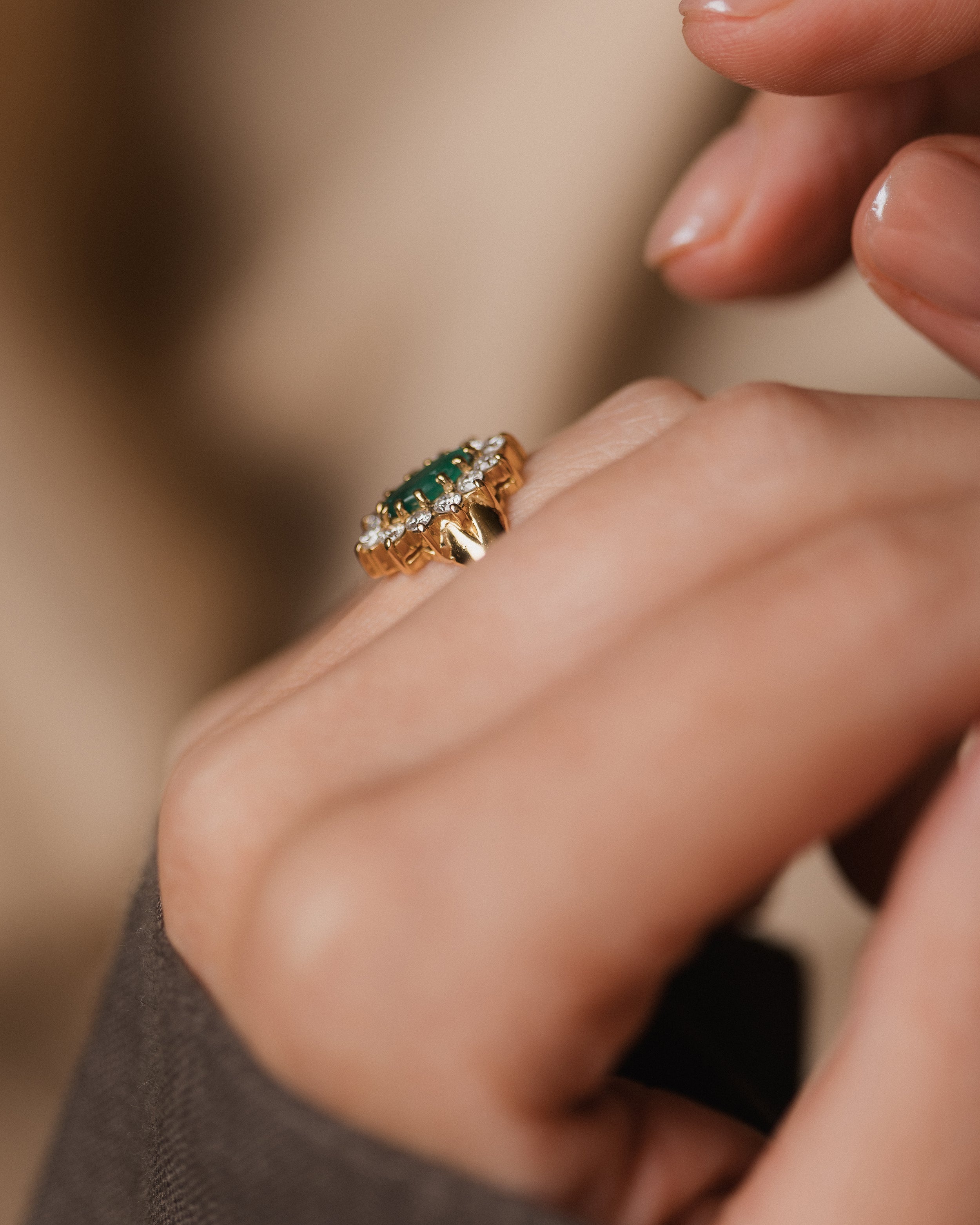 Astrid 1987 Vintage 18ct Gold Emerald & Diamond Marquise Cluster Ring