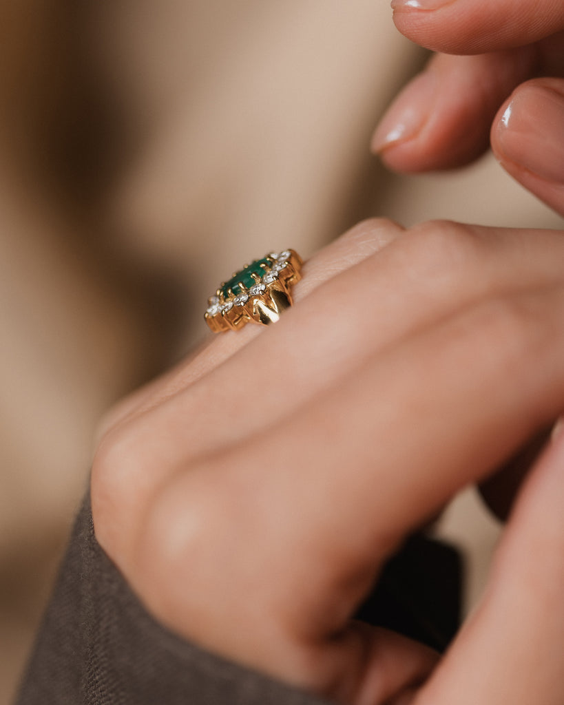 Astrid 1987 Vintage 18ct Gold Emerald & Diamond Marquise Cluster Ring