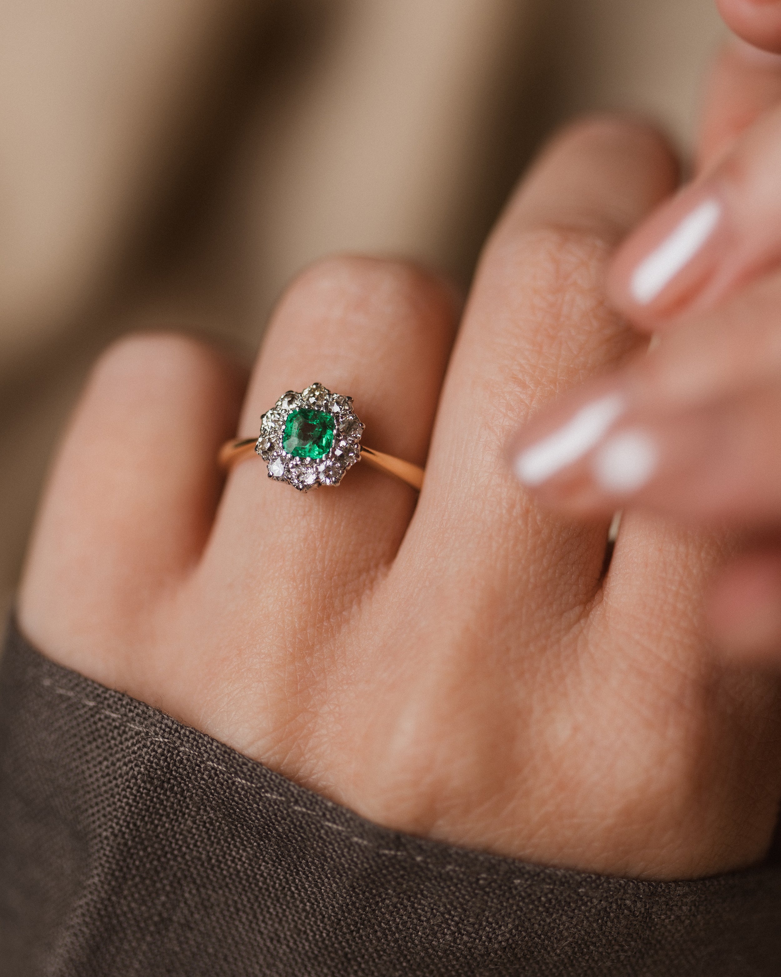Image of Fable Antique 18ct Gold Emerald & Diamond Cluster Ring