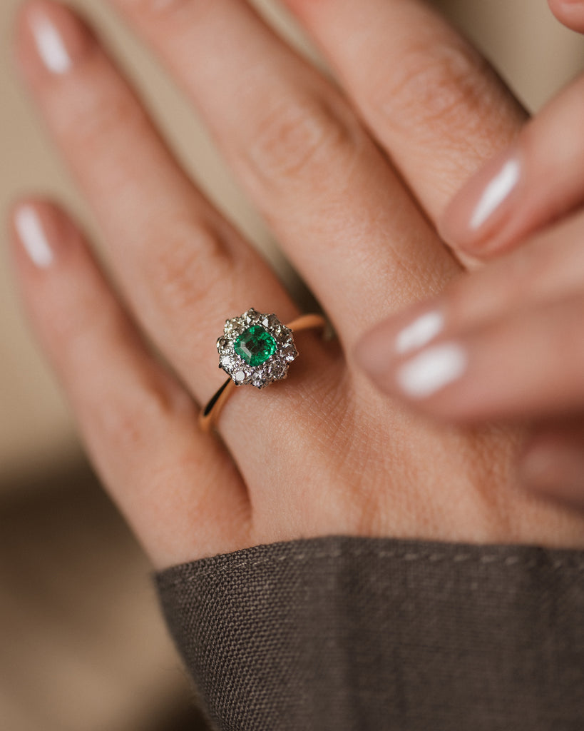 Fable Antique 18ct Gold Emerald & Diamond Cluster Ring