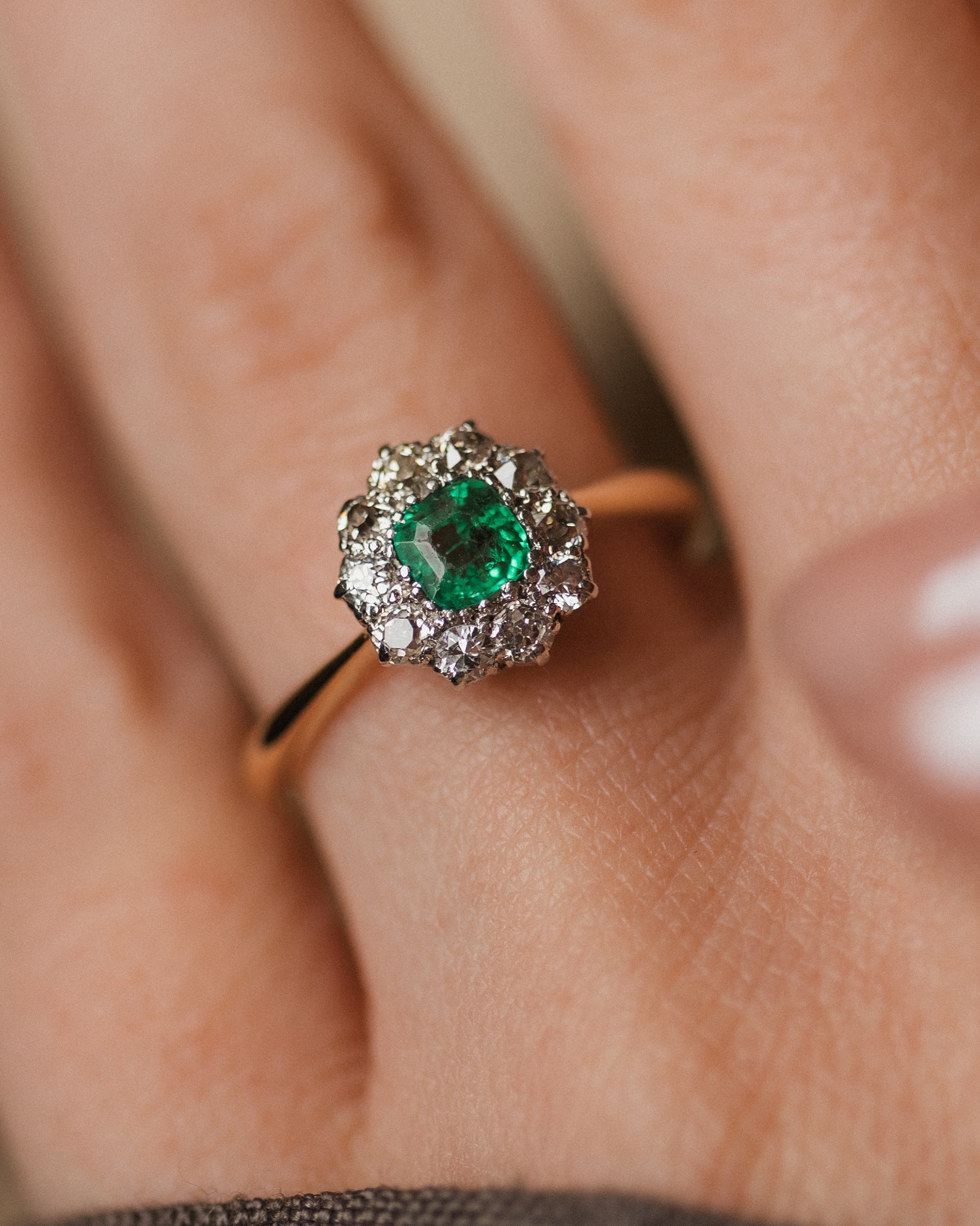 Fable Antique 18ct Gold Emerald & Diamond Cluster Ring