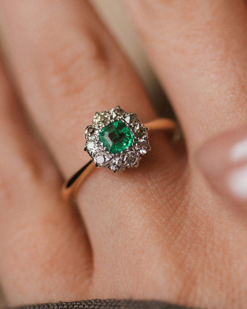 Fable Antique 18ct Gold Emerald & Diamond Cluster Ring