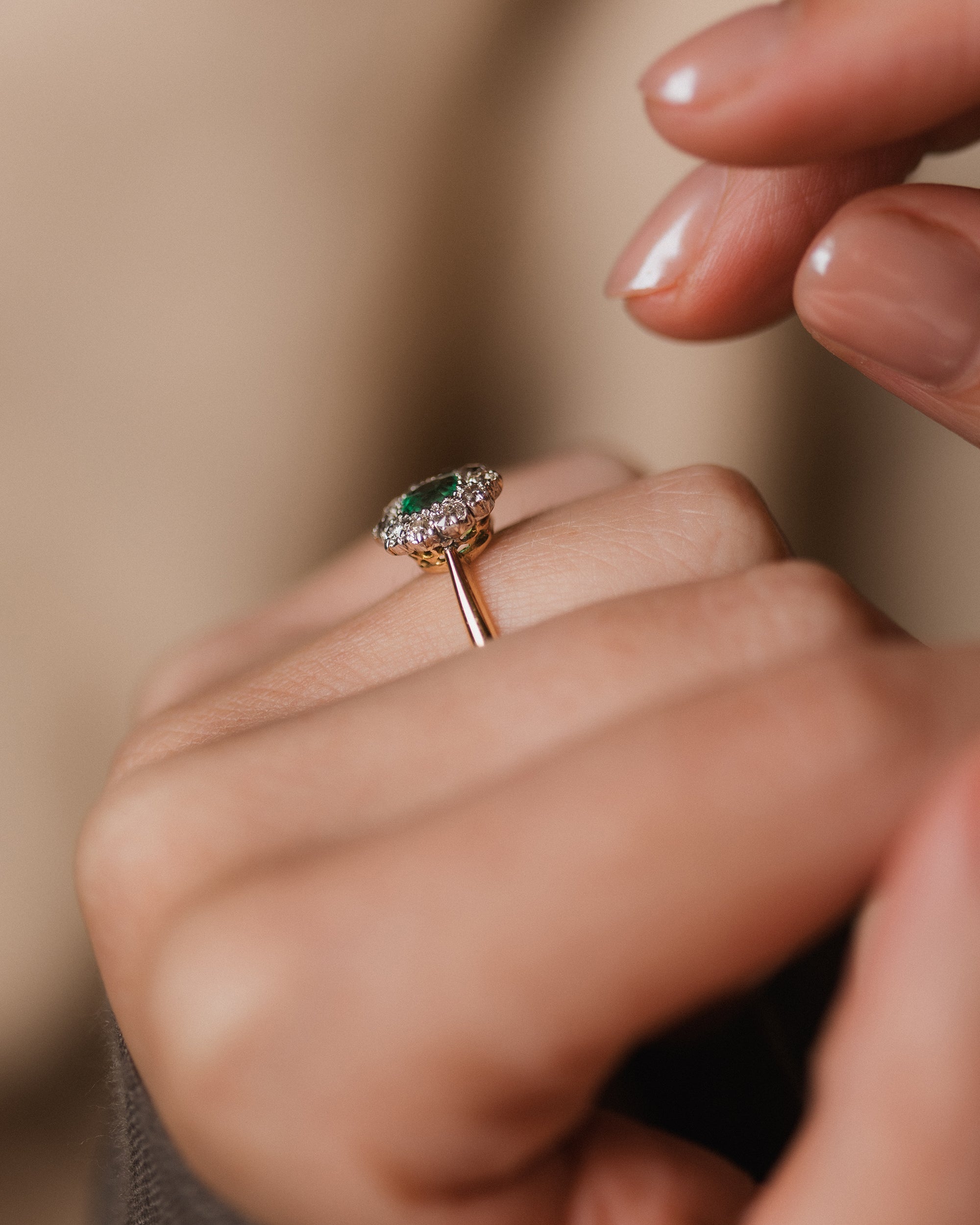 Fable Antique 18ct Gold Emerald & Diamond Cluster Ring
