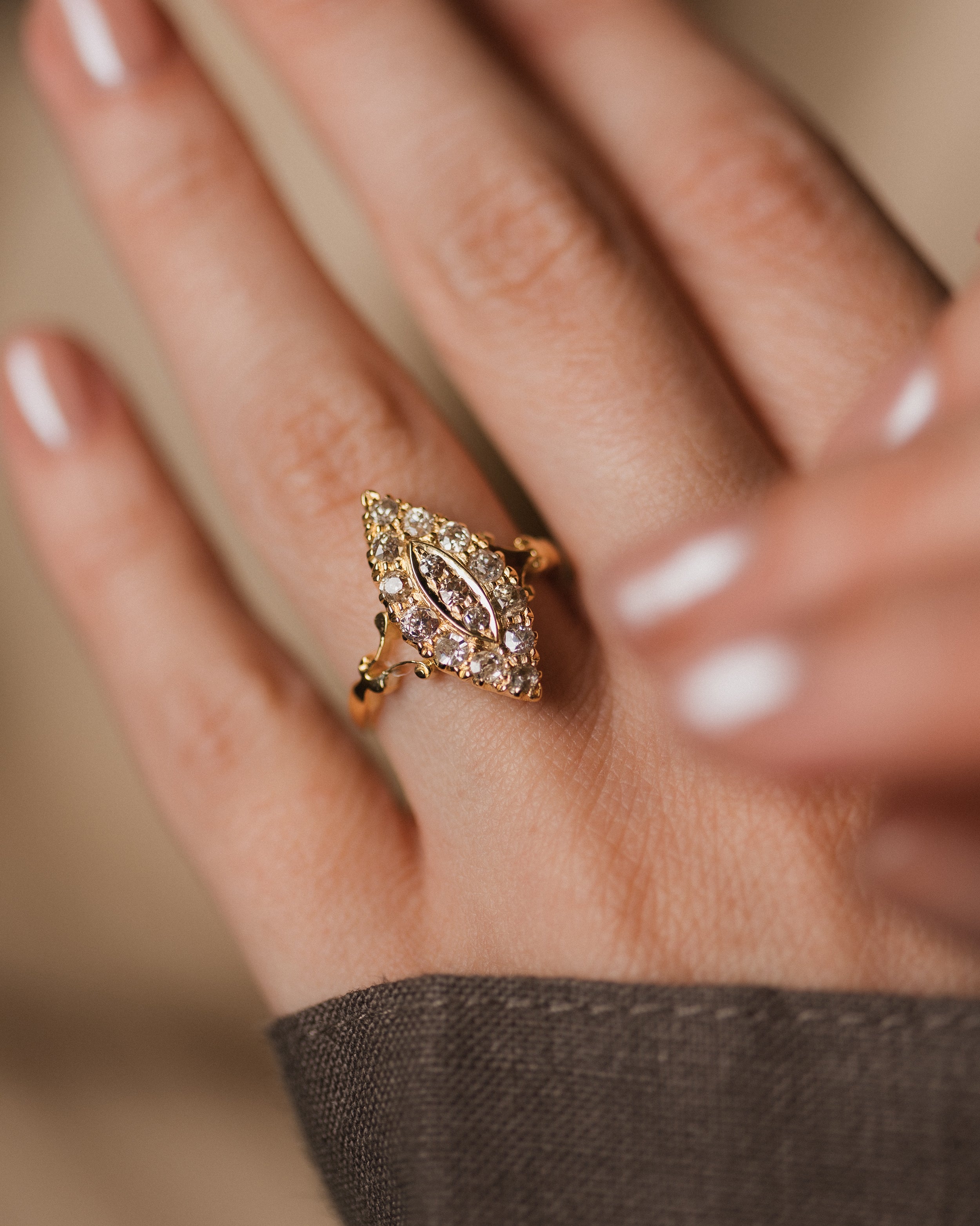 Image of Verity Antique 18ct Gold Diamond Marquise Cluster Ring