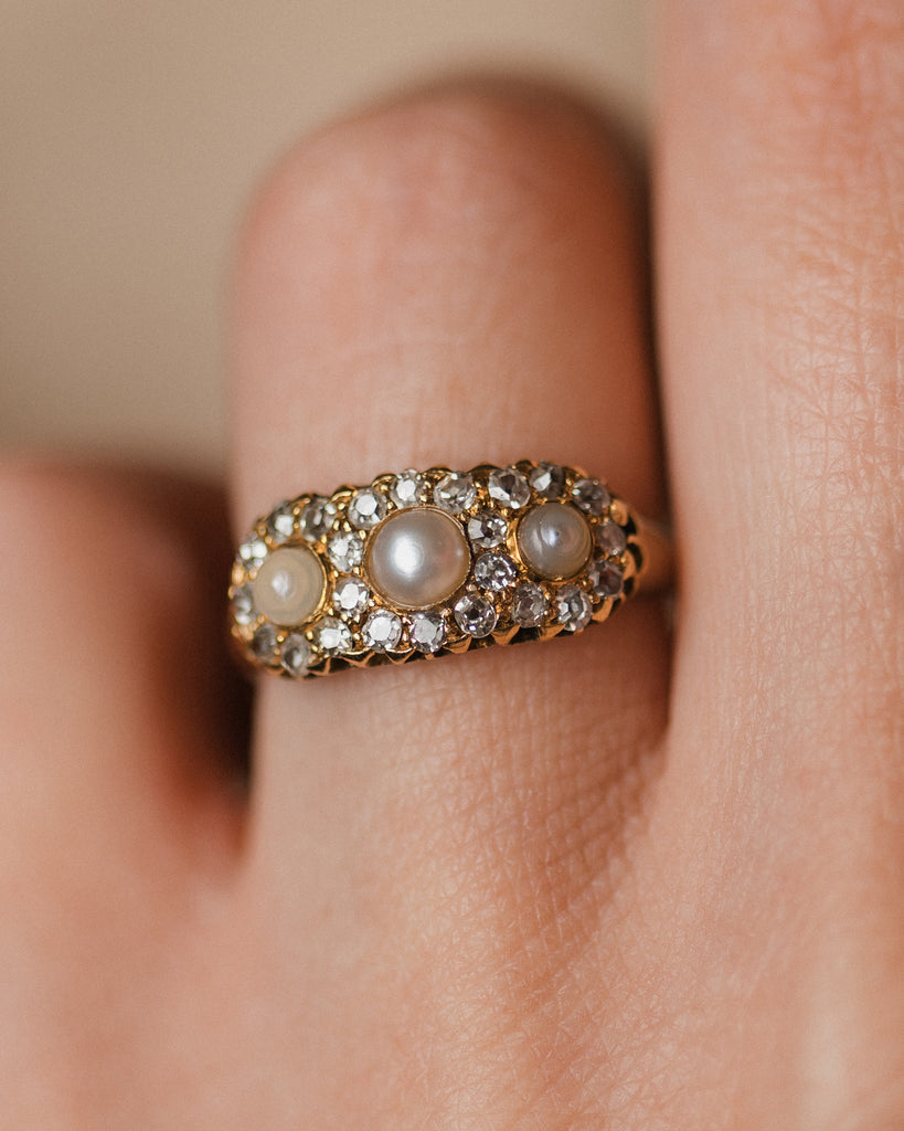 Temperance 1890 Antique 18ct Gold Pearl & Diamond Cluster Ring