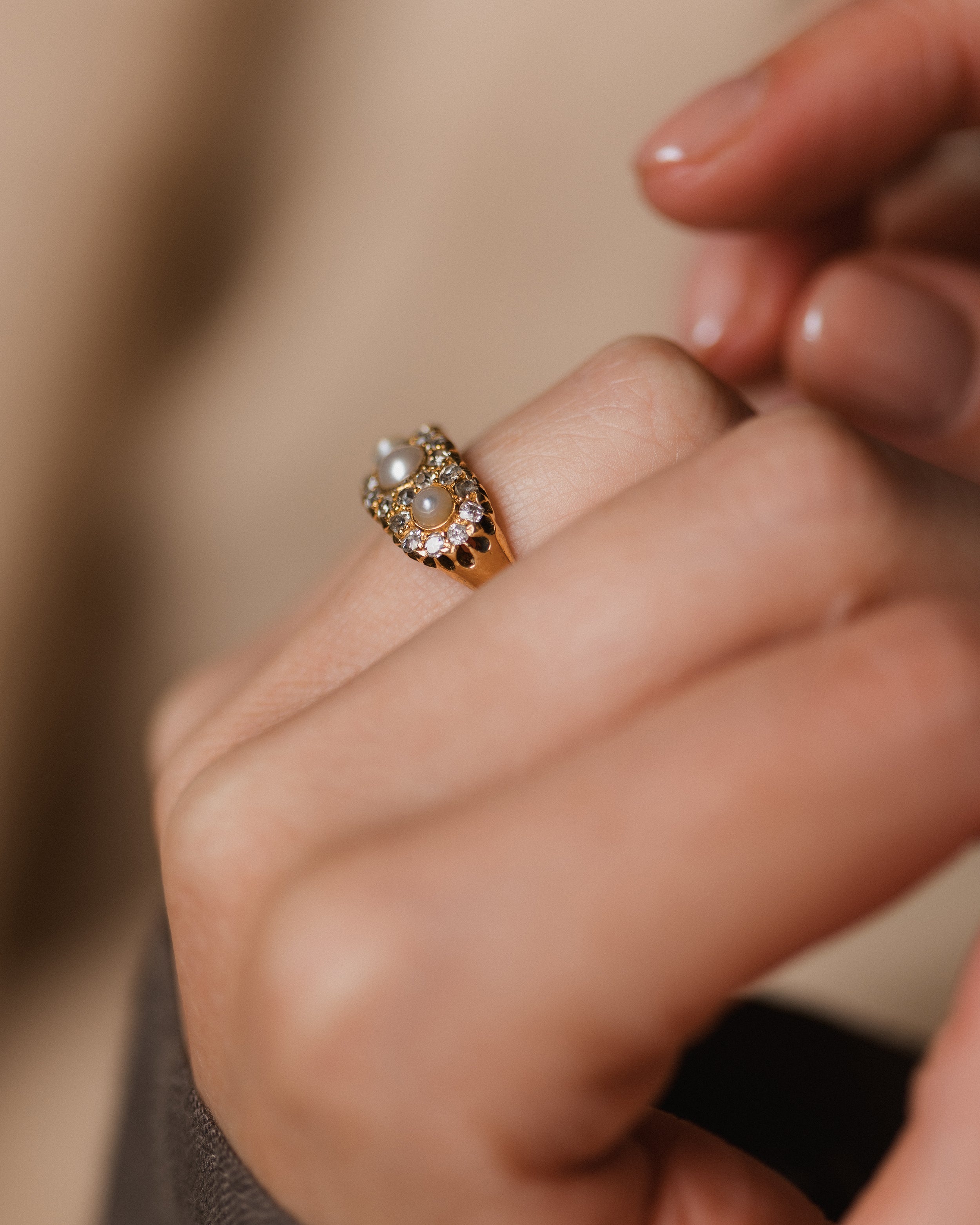 Temperance 1890 Antique 18ct Gold Pearl & Diamond Cluster Ring