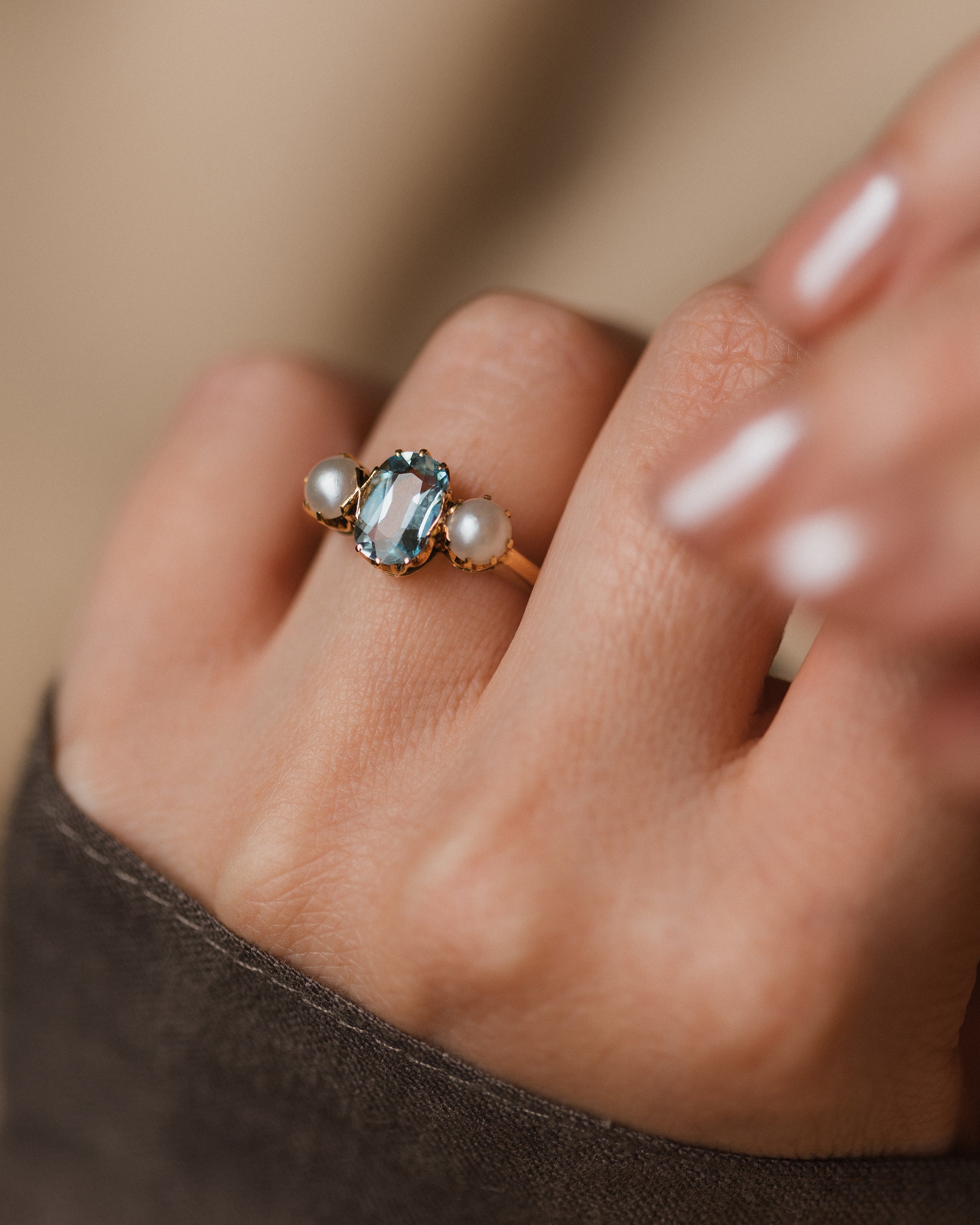 Image of Elodie Antique 18ct Gold Aquamarine & Pearl Trilogy Ring
