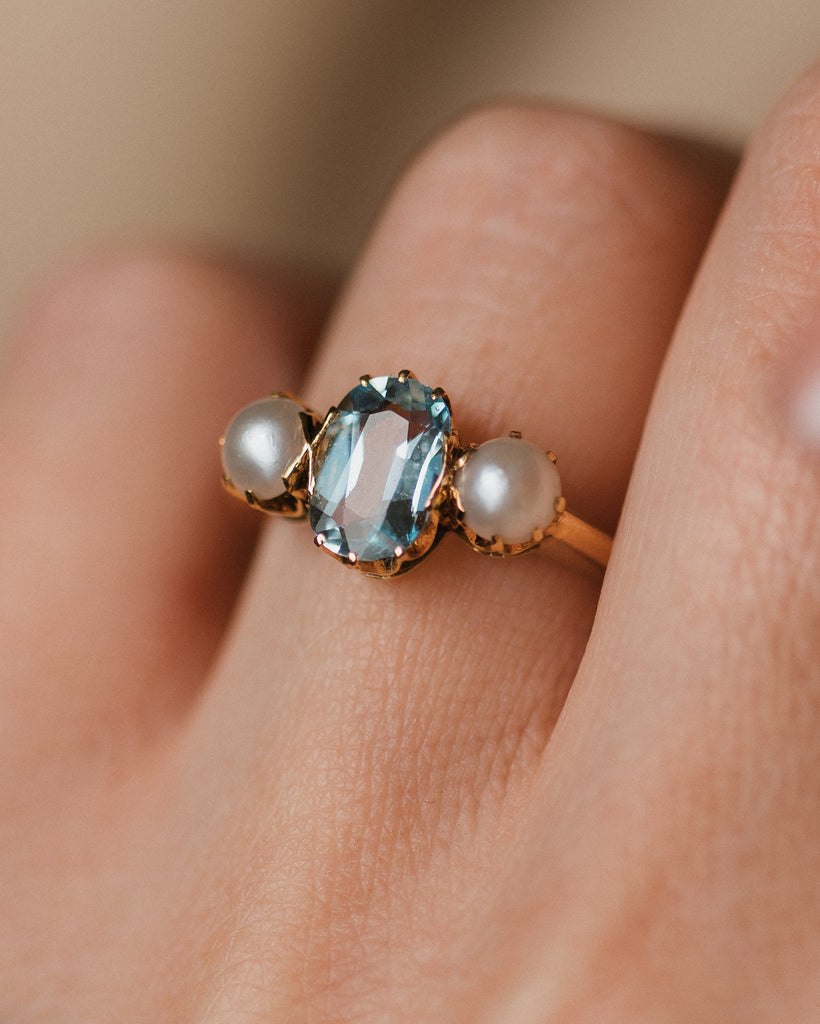 Elodie Antique 18ct Gold Aquamarine & Pearl Trilogy Ring