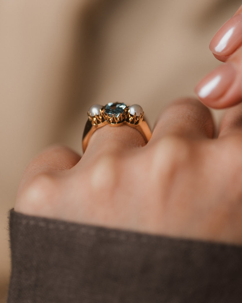 Elodie Antique 18ct Gold Aquamarine & Pearl Trilogy Ring