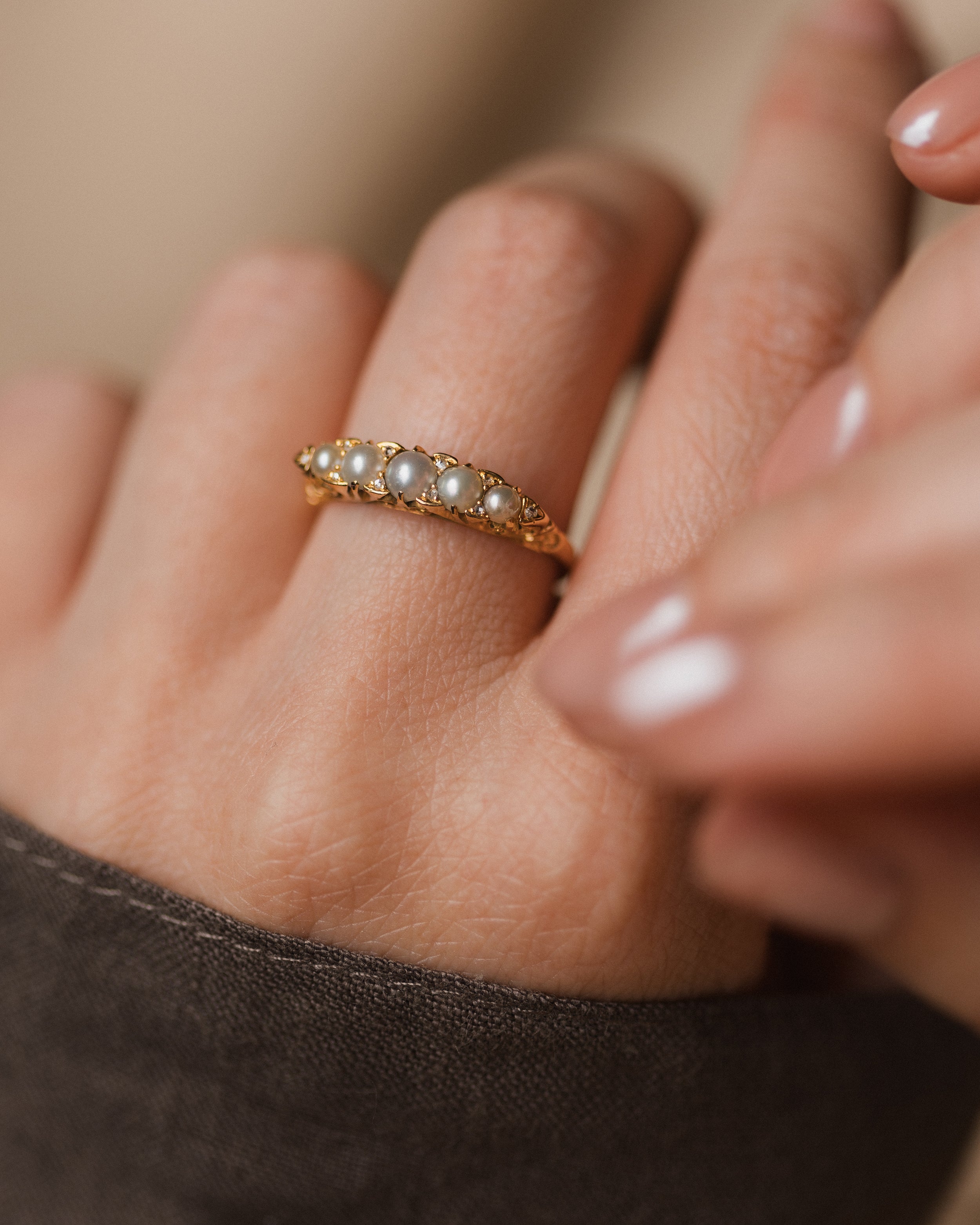 Image of Theodora Antique 18ct Gold Pearl & Diamond Half Hoop Ring
