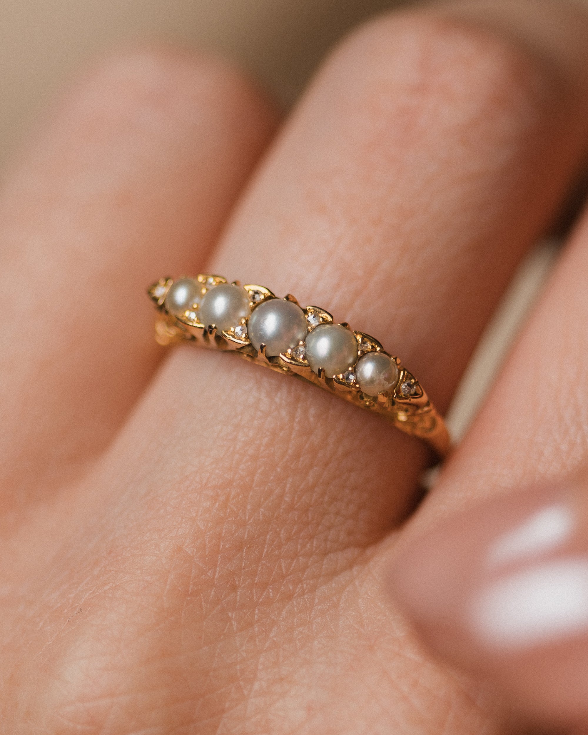 Theodora Antique 18ct Gold Pearl & Diamond Half Hoop Ring