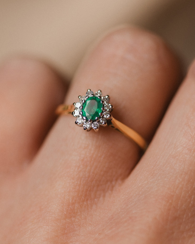Polly 1994 Vintage 18ct Gold Emerald & Diamond Cluster Ring