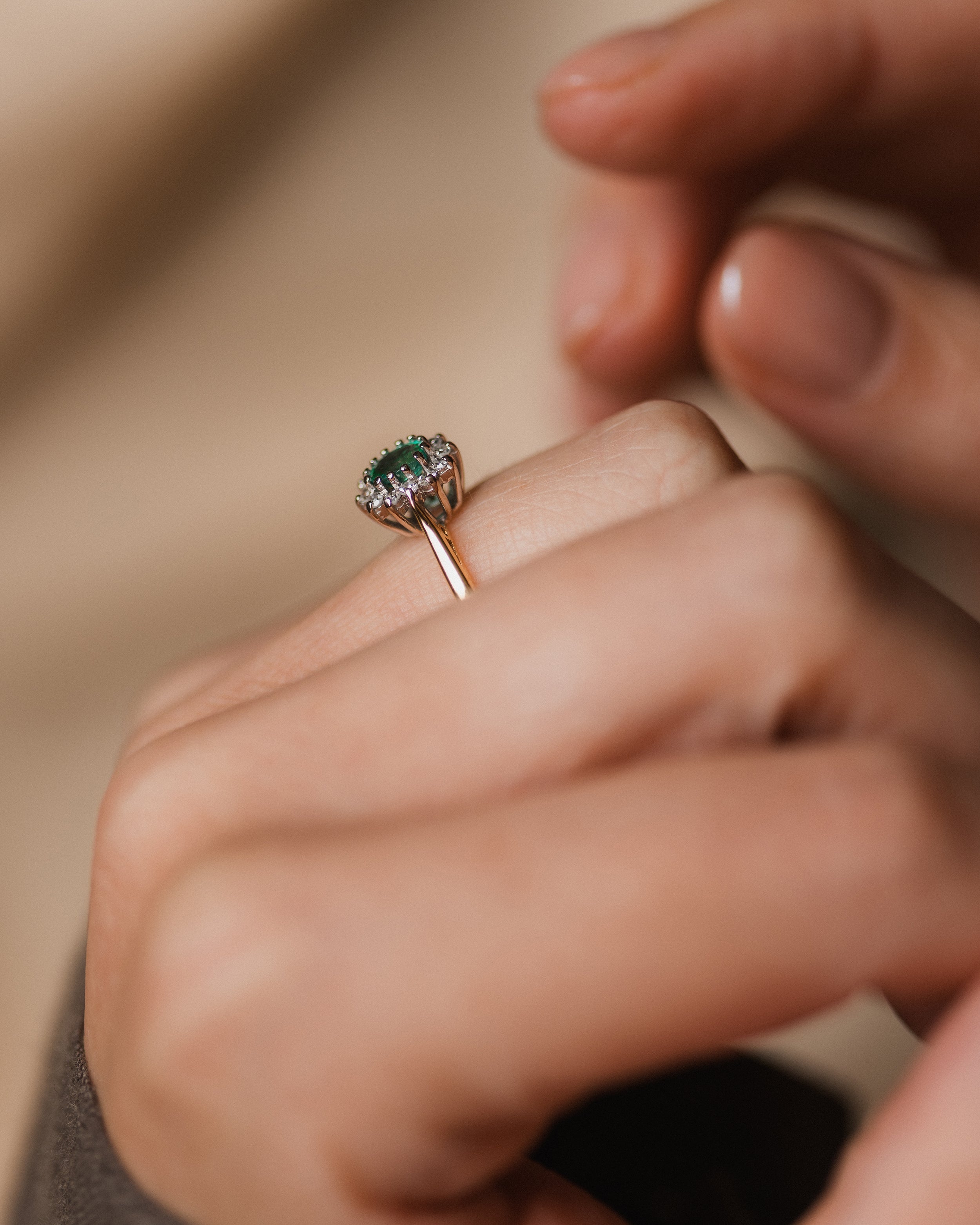 Polly 1994 Vintage 18ct Gold Emerald & Diamond Cluster Ring