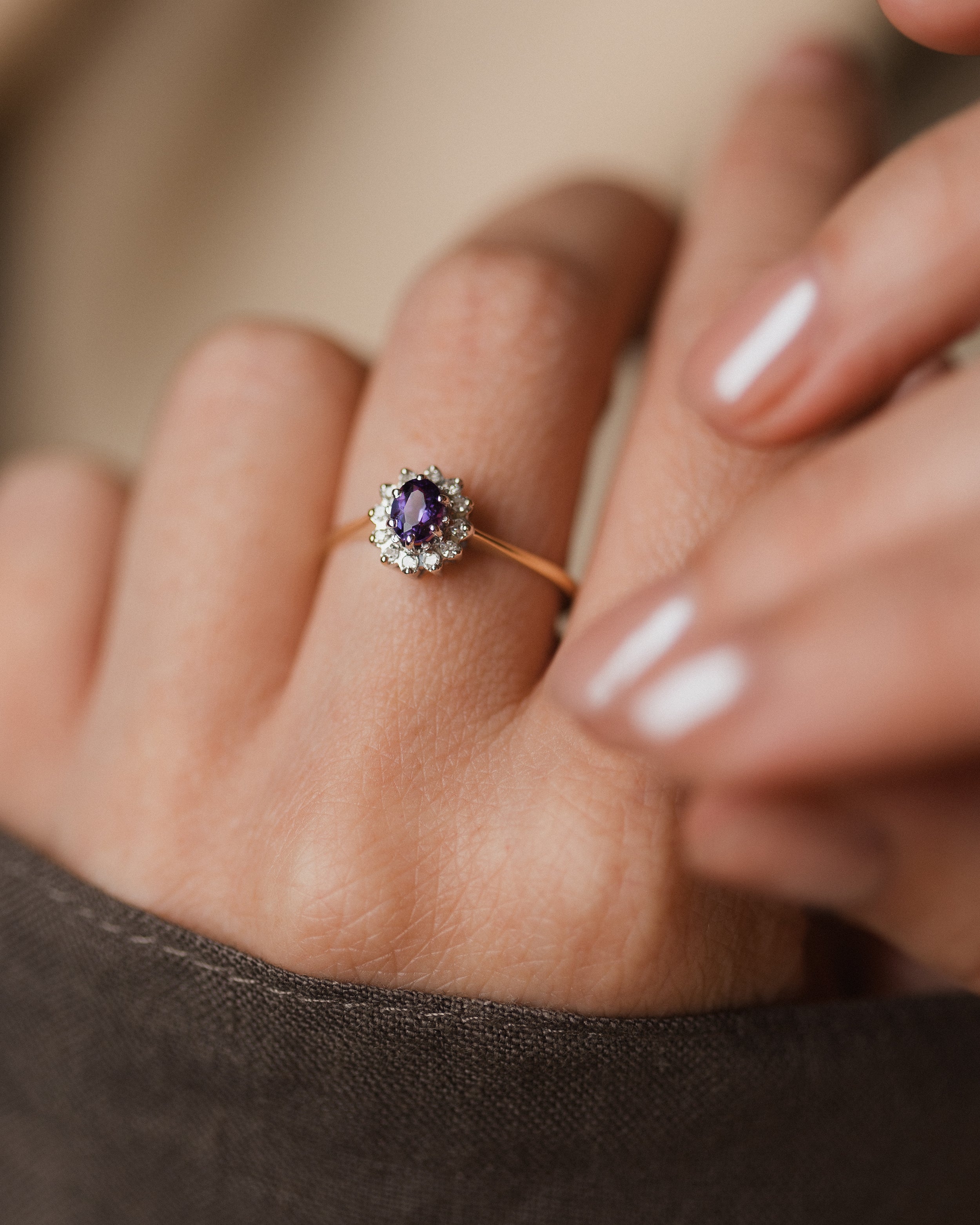 Grace 1988 Vintage 9ct Gold Amethyst & Diamond Cluster Ring
