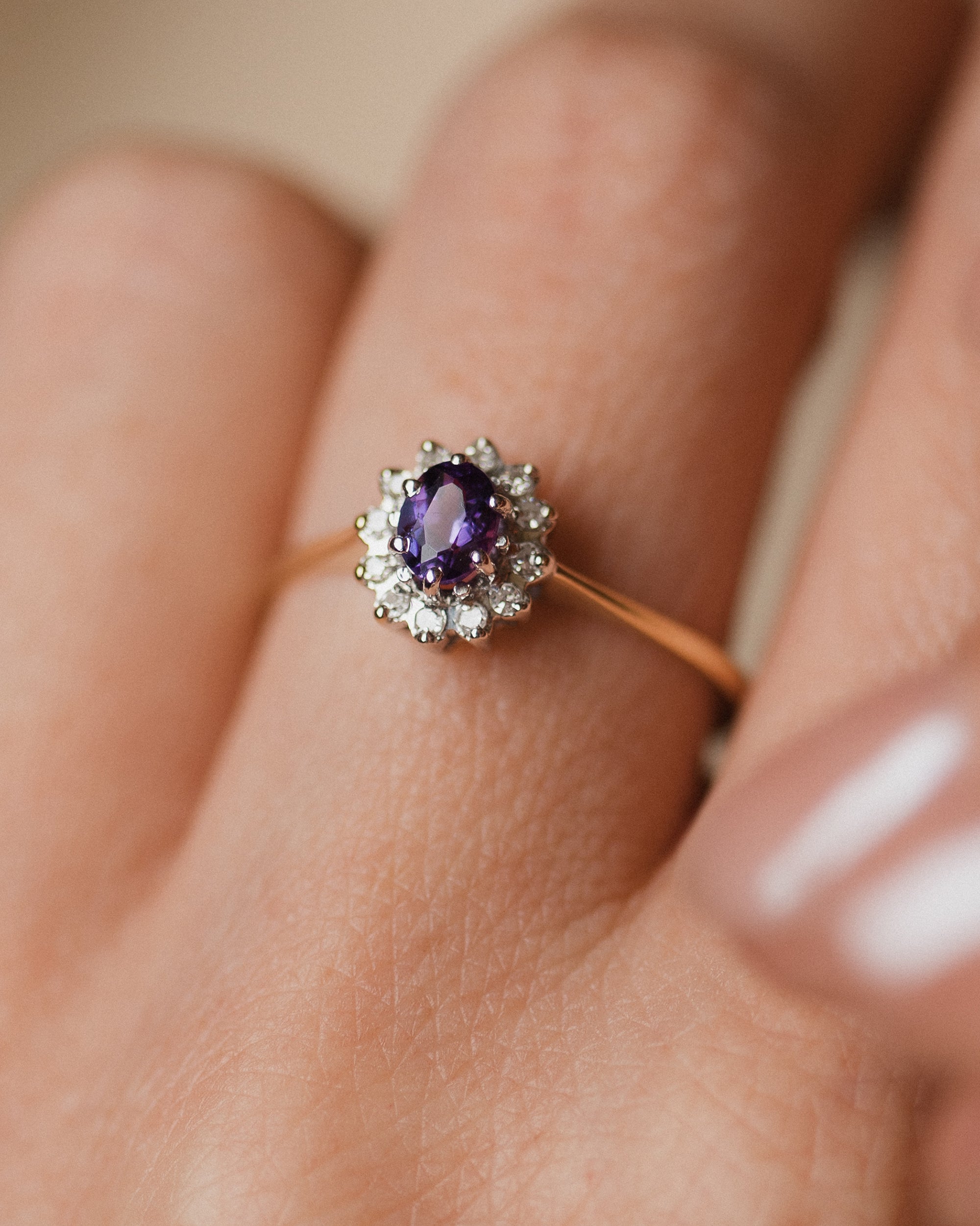 Grace 1988 Vintage 9ct Gold Amethyst & Diamond Cluster Ring