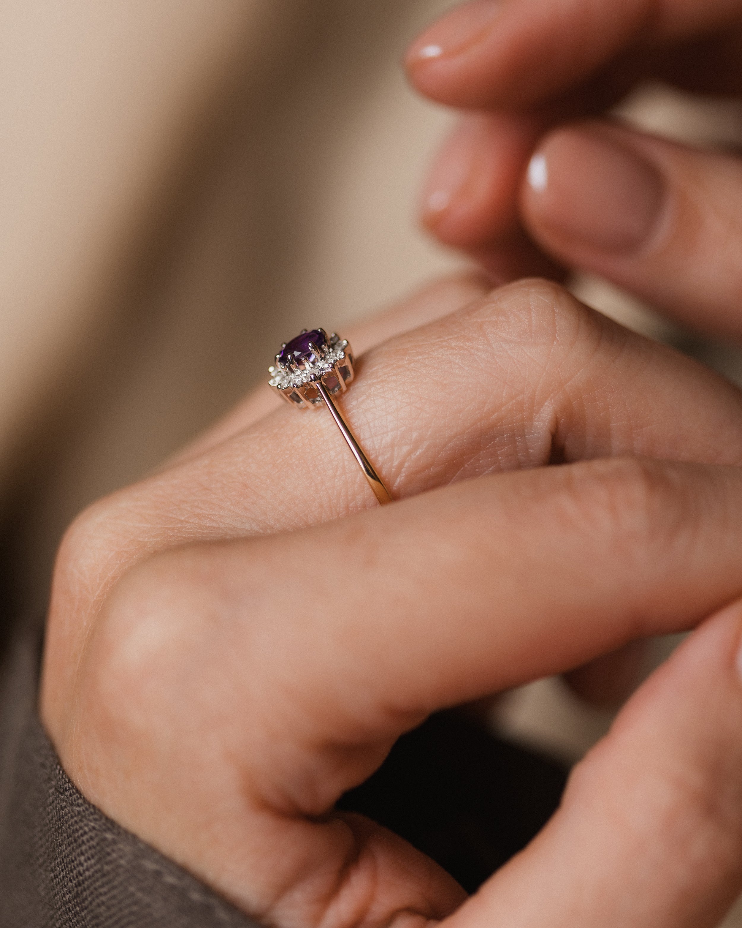 Grace 1988 Vintage 9ct Gold Amethyst & Diamond Cluster Ring
