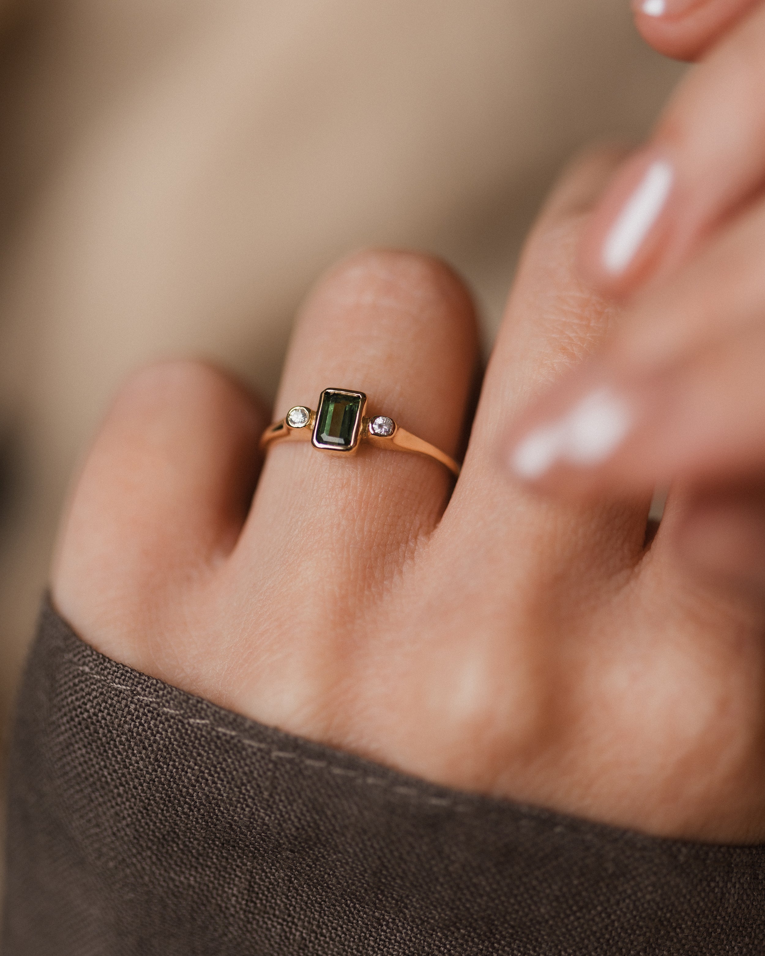 Image of Sylvie 1979 Vintage 9ct Gold Tourmaline & Diamond Trilogy Ring