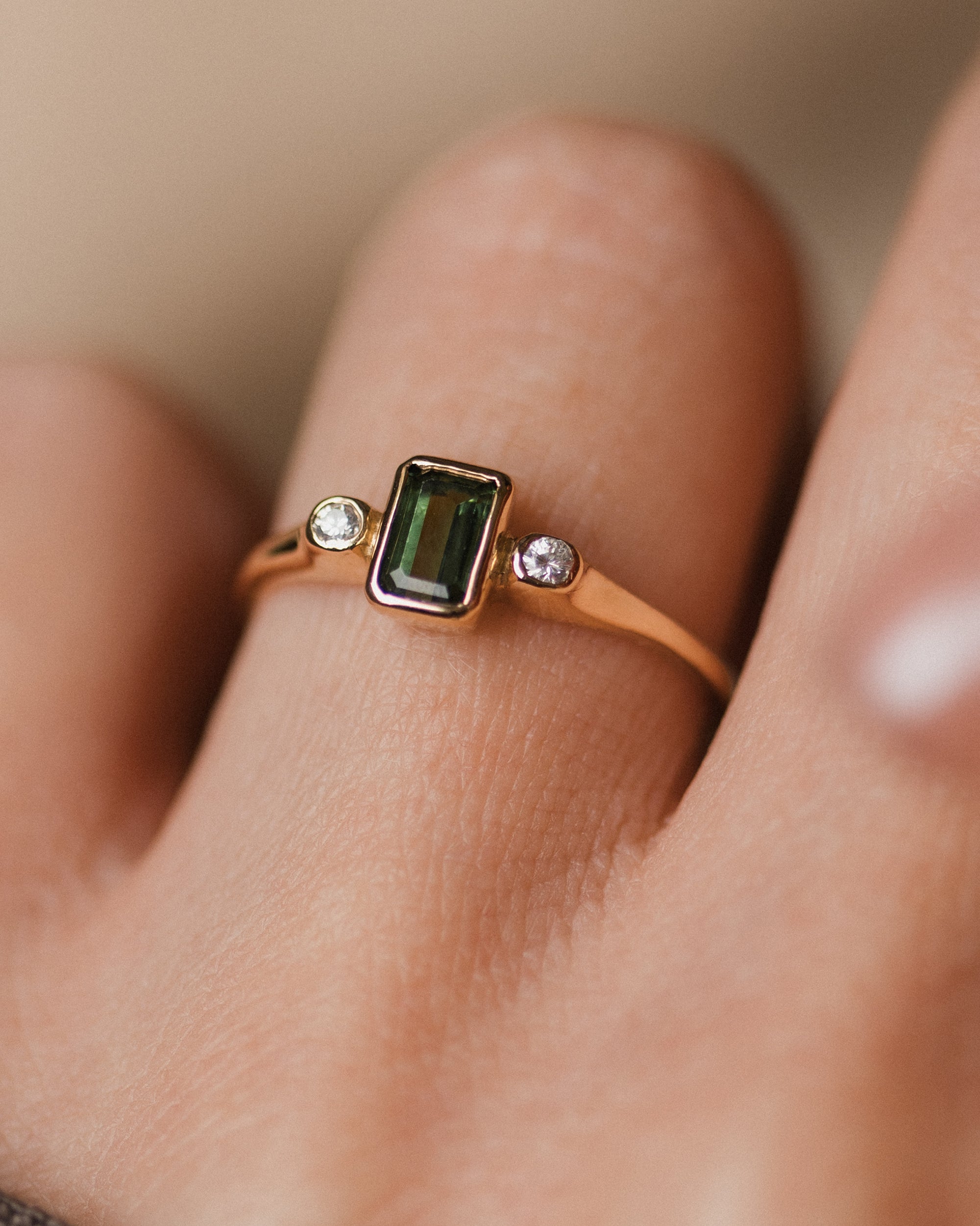 Sylvie 1979 Vintage 9ct Gold Tourmaline & Diamond Trilogy Ring