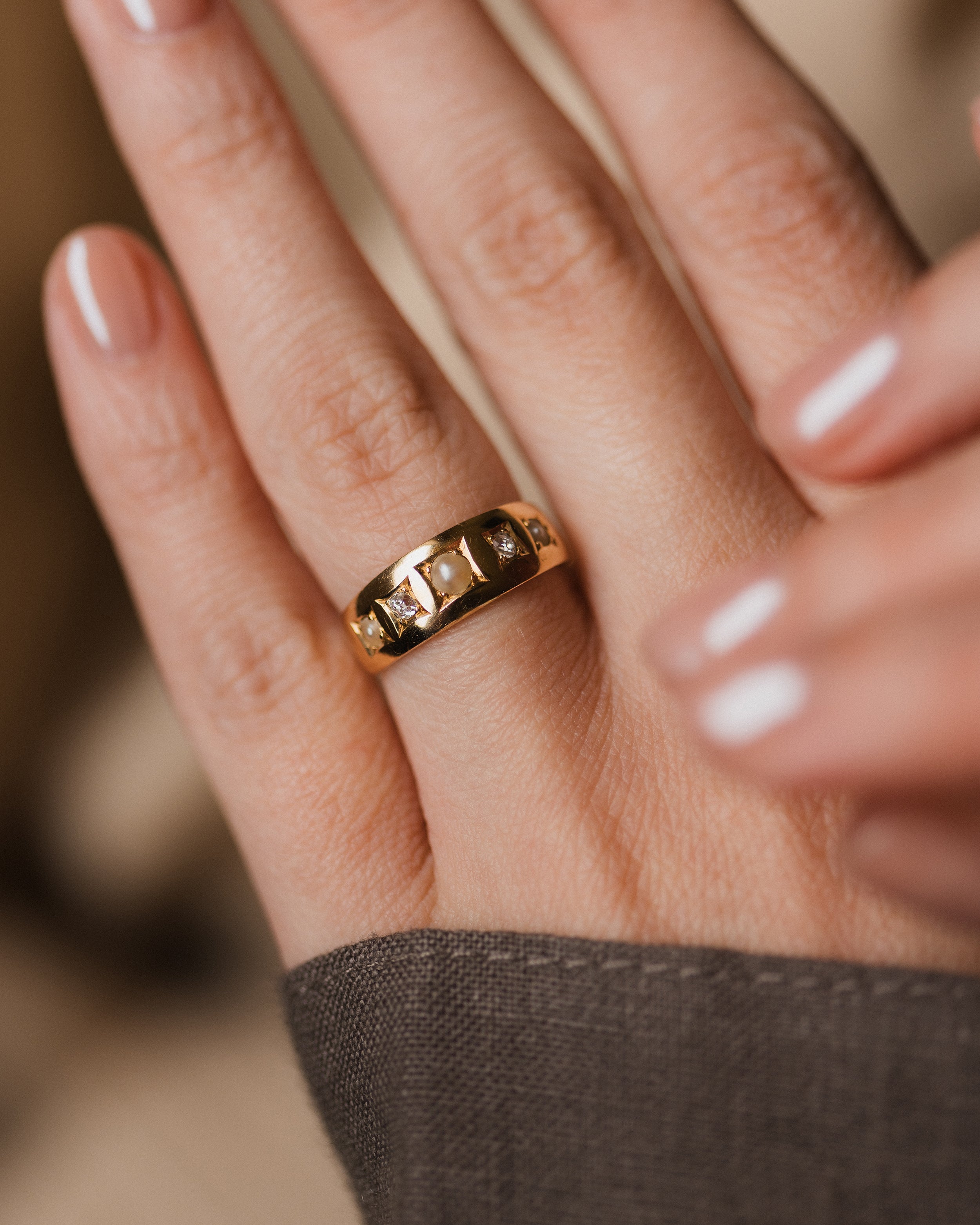 Image of Verona Antique Victorian 18ct Gold Pearl & Diamond Five Stone Ring