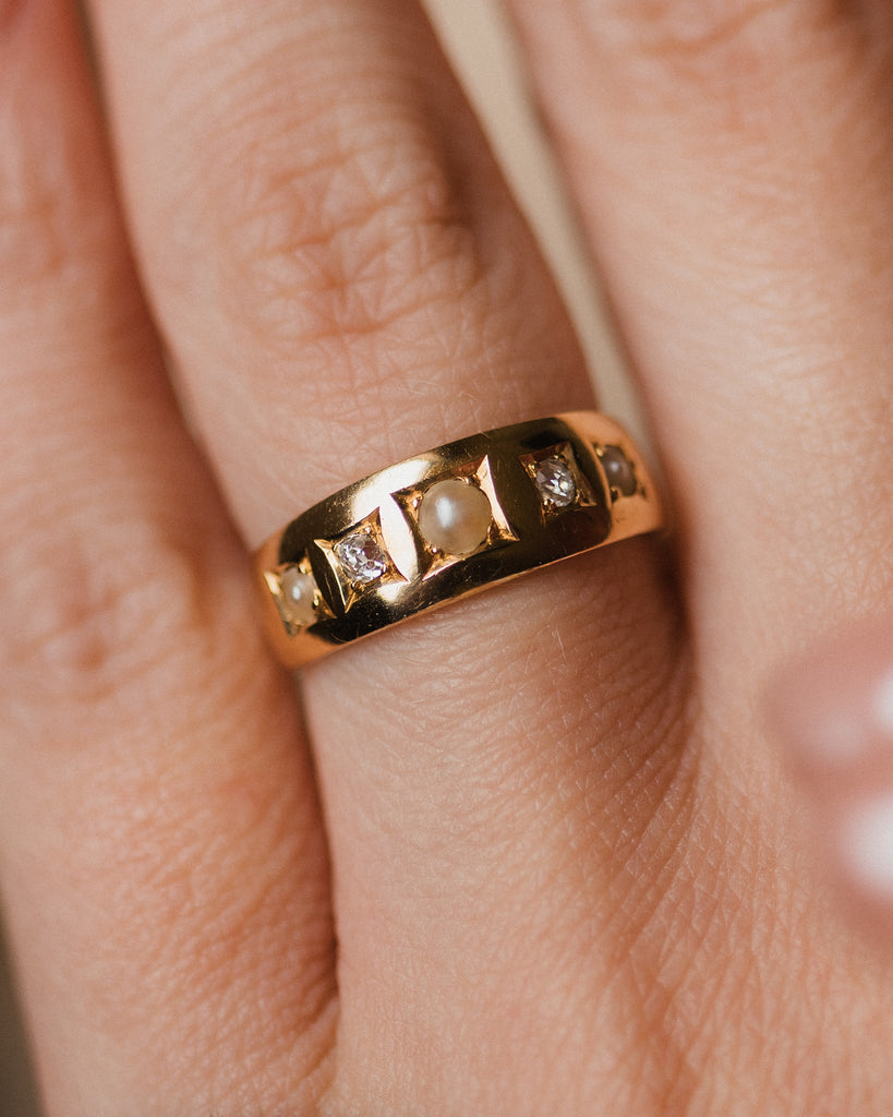 Verona Antique Victorian 18ct Gold Pearl & Diamond Five Stone Ring