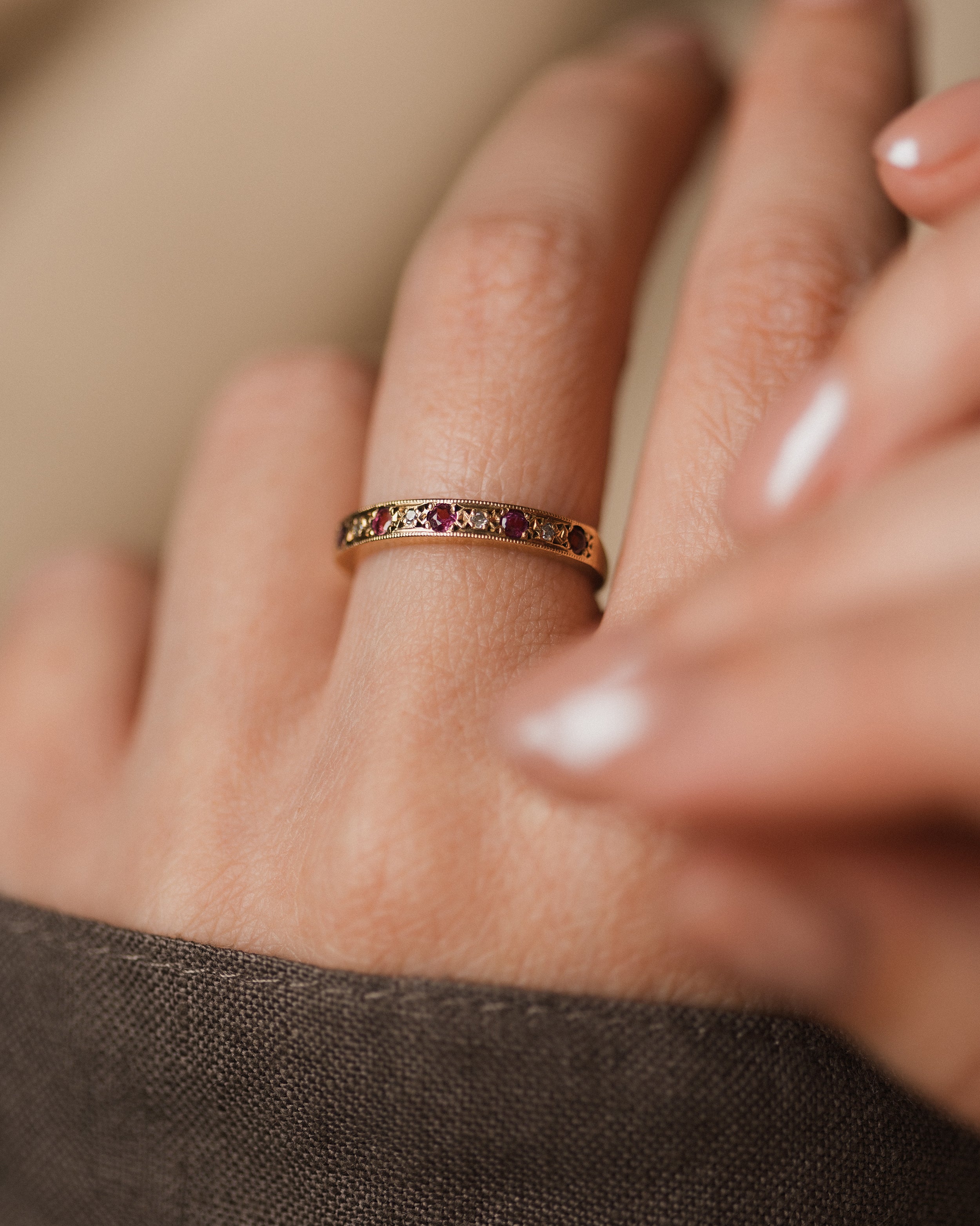 Image of Rosemary 1979 Vintage 9ct Gold Ruby & Diamond Half Eternity Ring