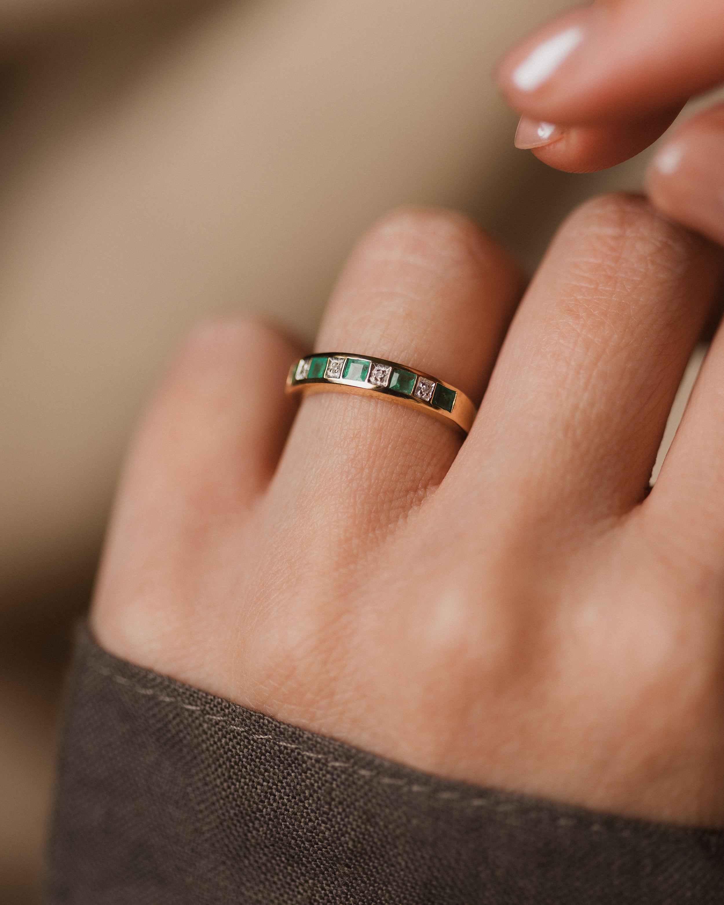Image of Hazel 1998 Vintage 9ct Gold Emerald & Diamond Half Eternity Ring