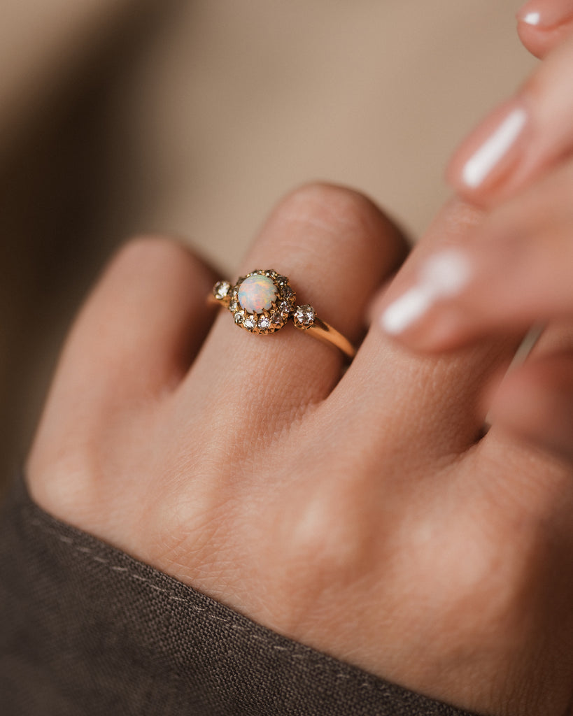 June 1901 Antique 18ct Gold Opal & Diamond Cluster Ring