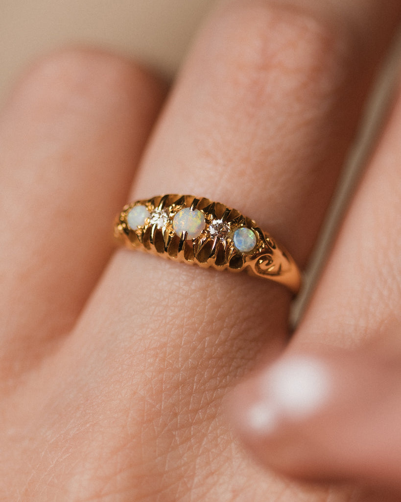 Wren Antique 18ct Gold Opal & Diamond Five Stone Ring