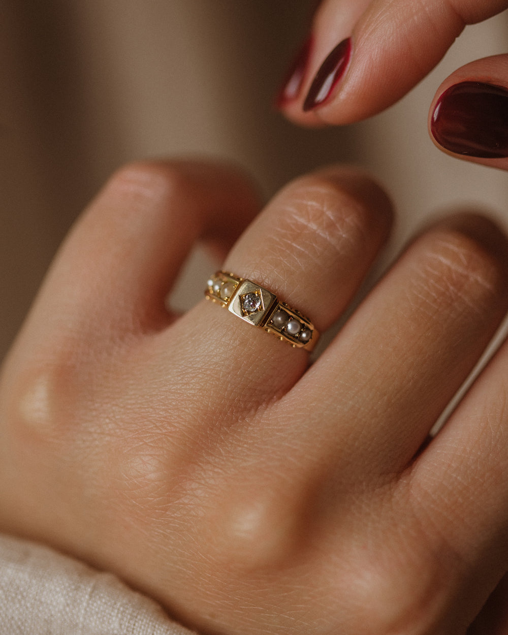 Cleo 1892 Antique 18ct Gold Diamond & Pearl Ring