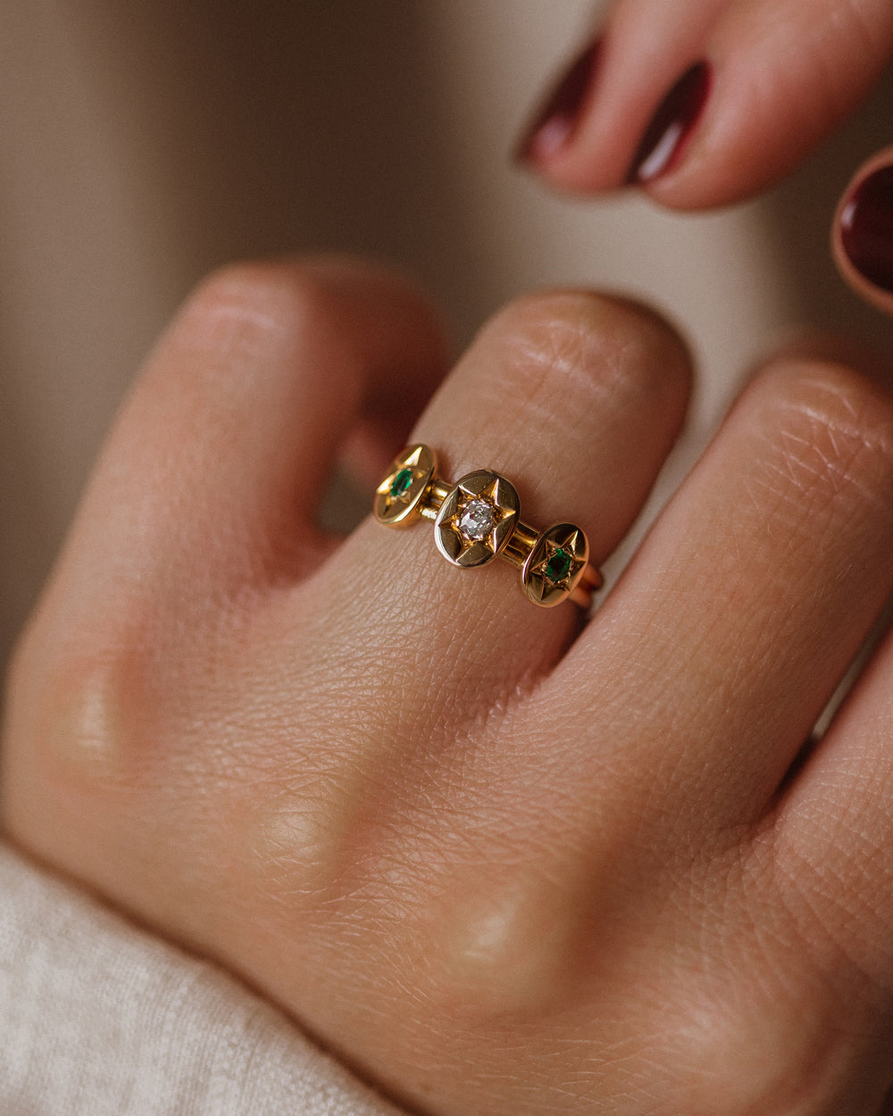 Marjorie Antique 18ct Gold Emerald & Diamond Star Set Trilogy Ring