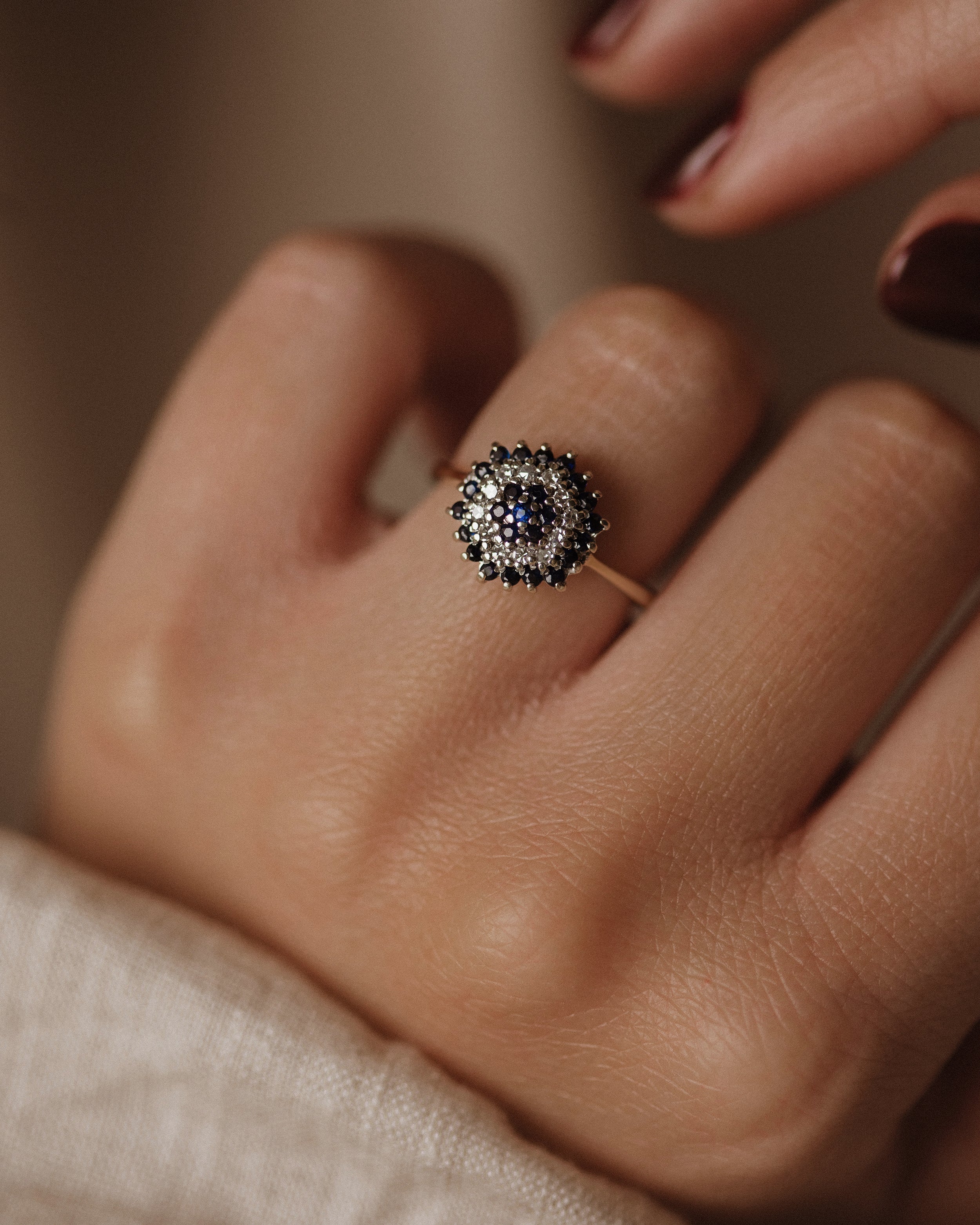 Image of Camille 1986 Vintage 9ct Gold Sapphire & Diamond Cluster Ring