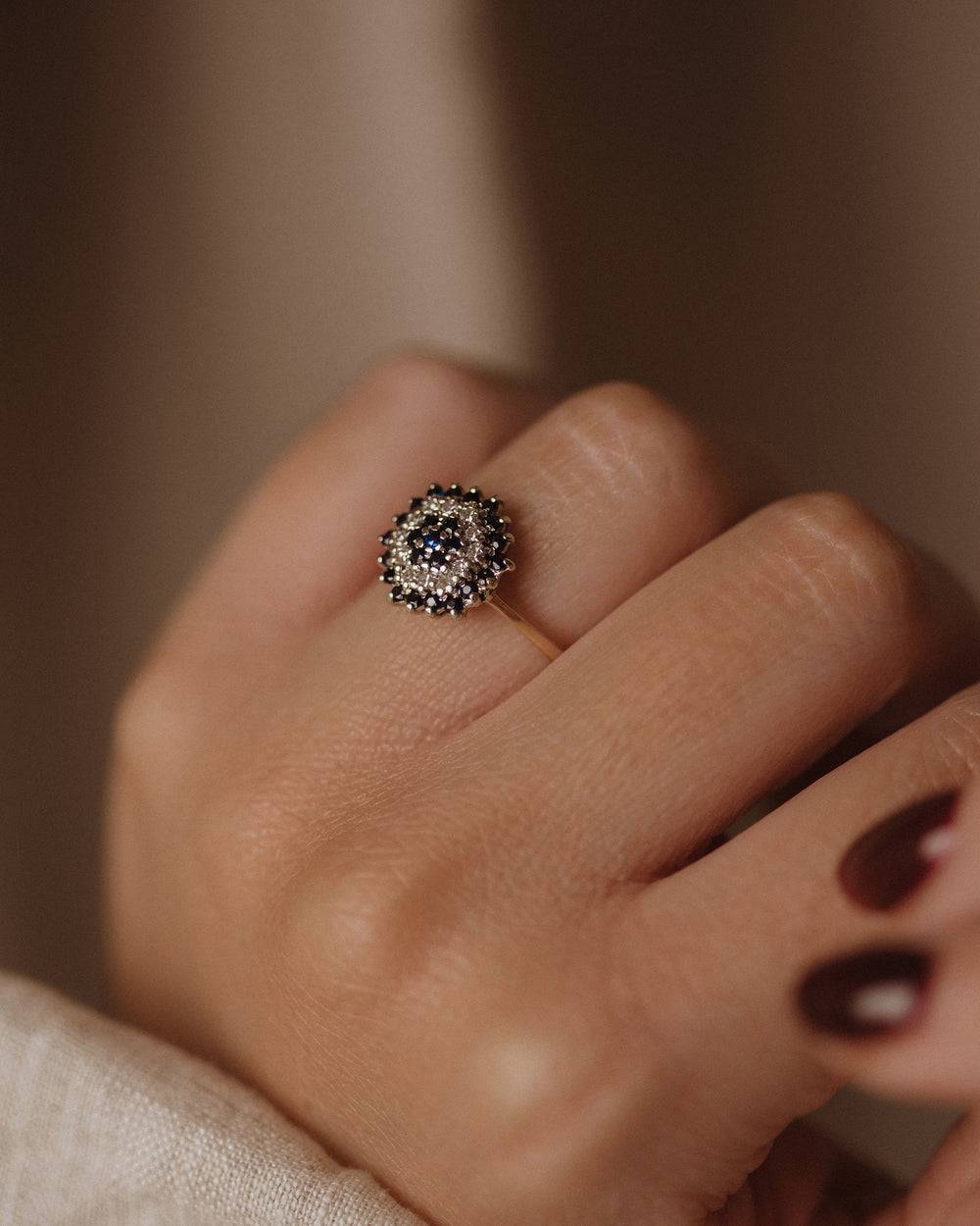 Camille 1986 Vintage 9ct Gold Sapphire & Diamond Cluster Ring